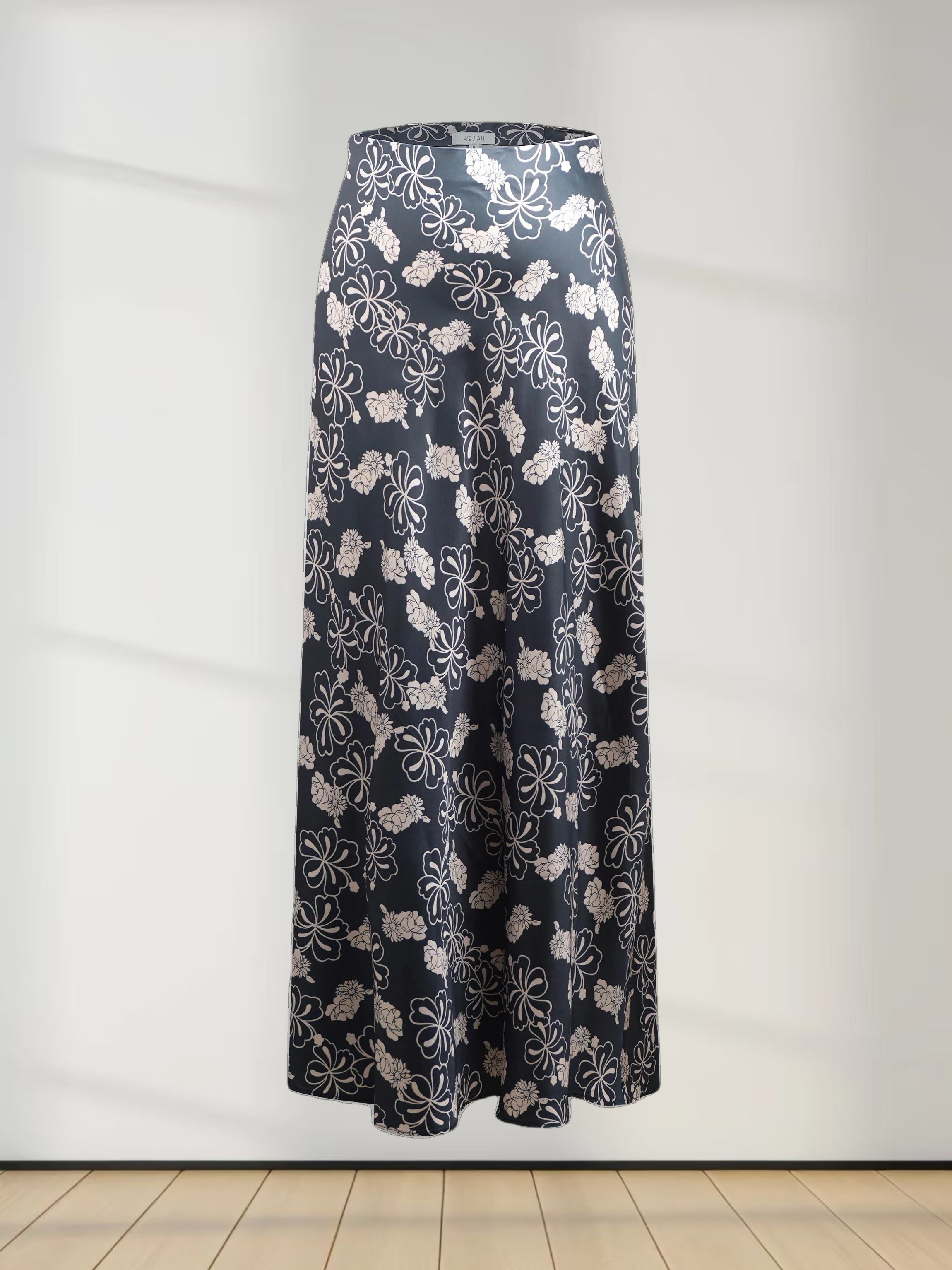 Printed Faux Satin Slip Skirt-Navy/Taupe Floral