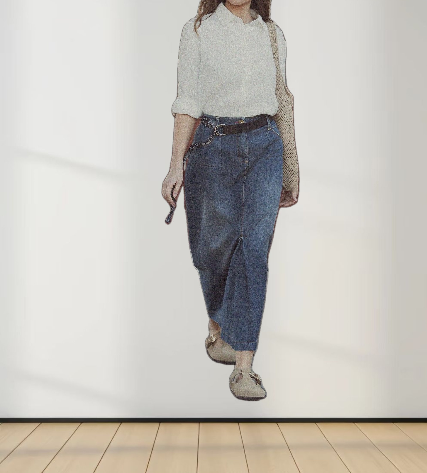 Front Kick Pleat Denim Skirt-Blue