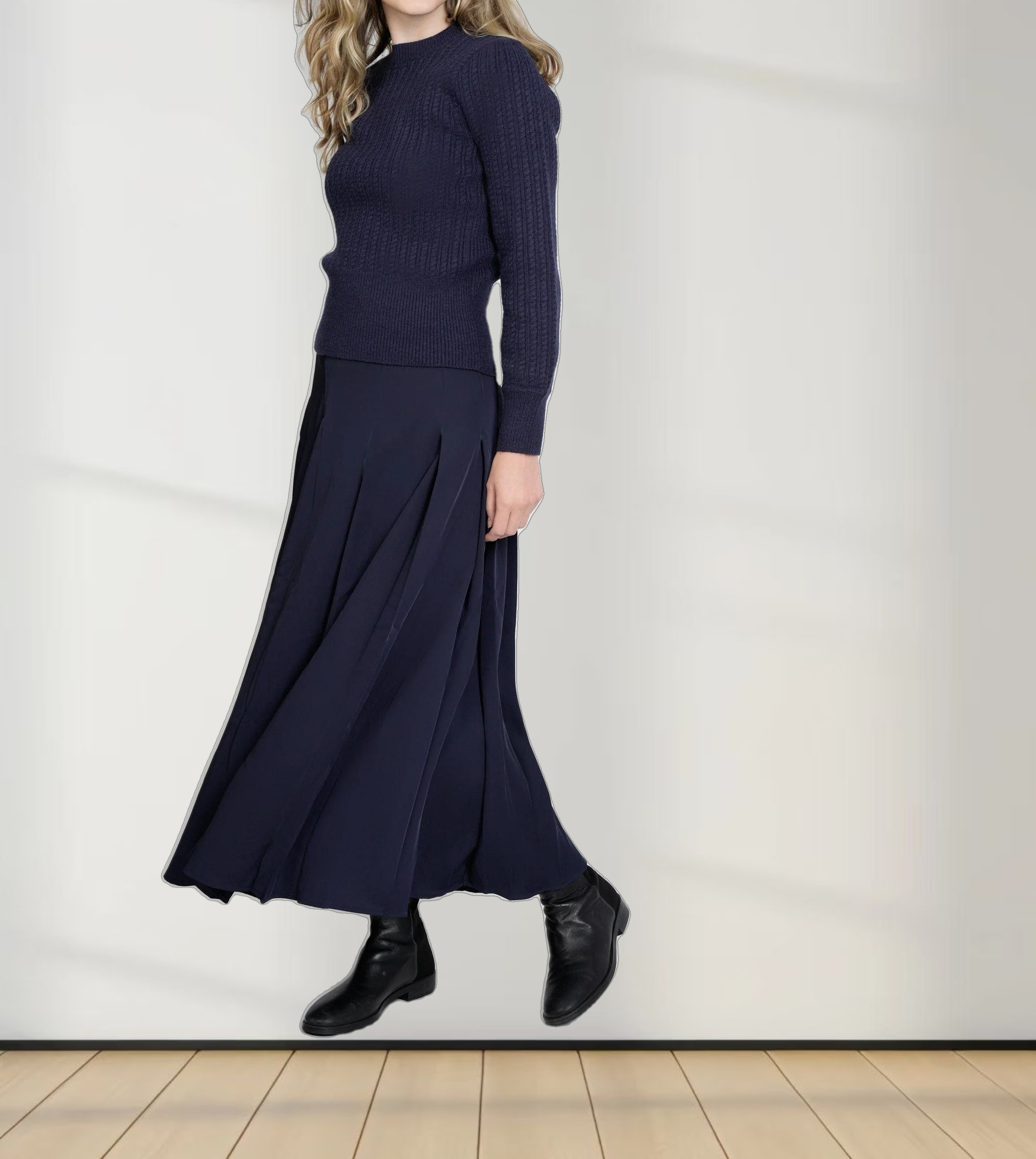 STITCHED DOWN PLEATED SKIRT-(LONG)-NAVY