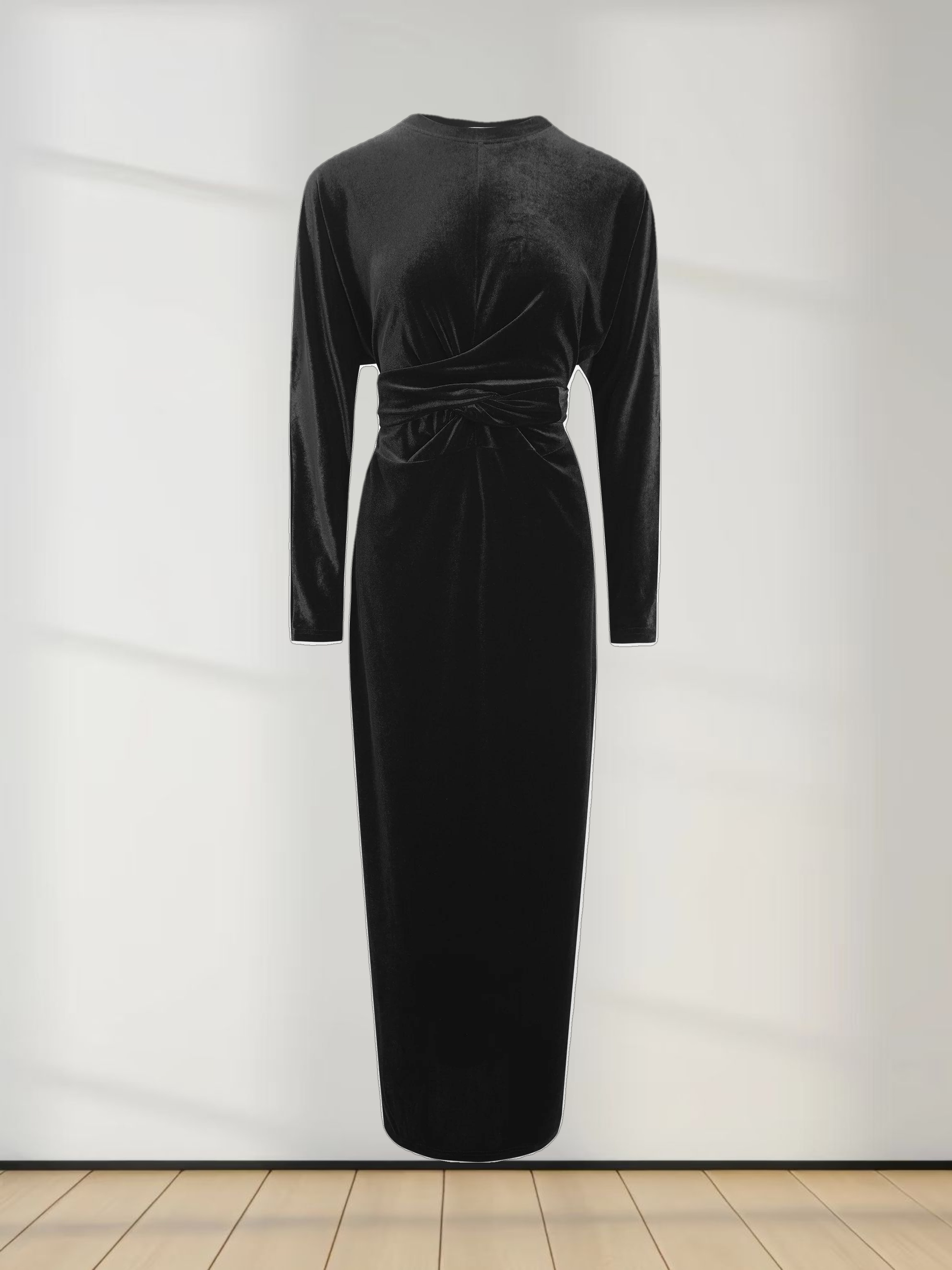 Velour Wrap Tie Maxi Dress-Black