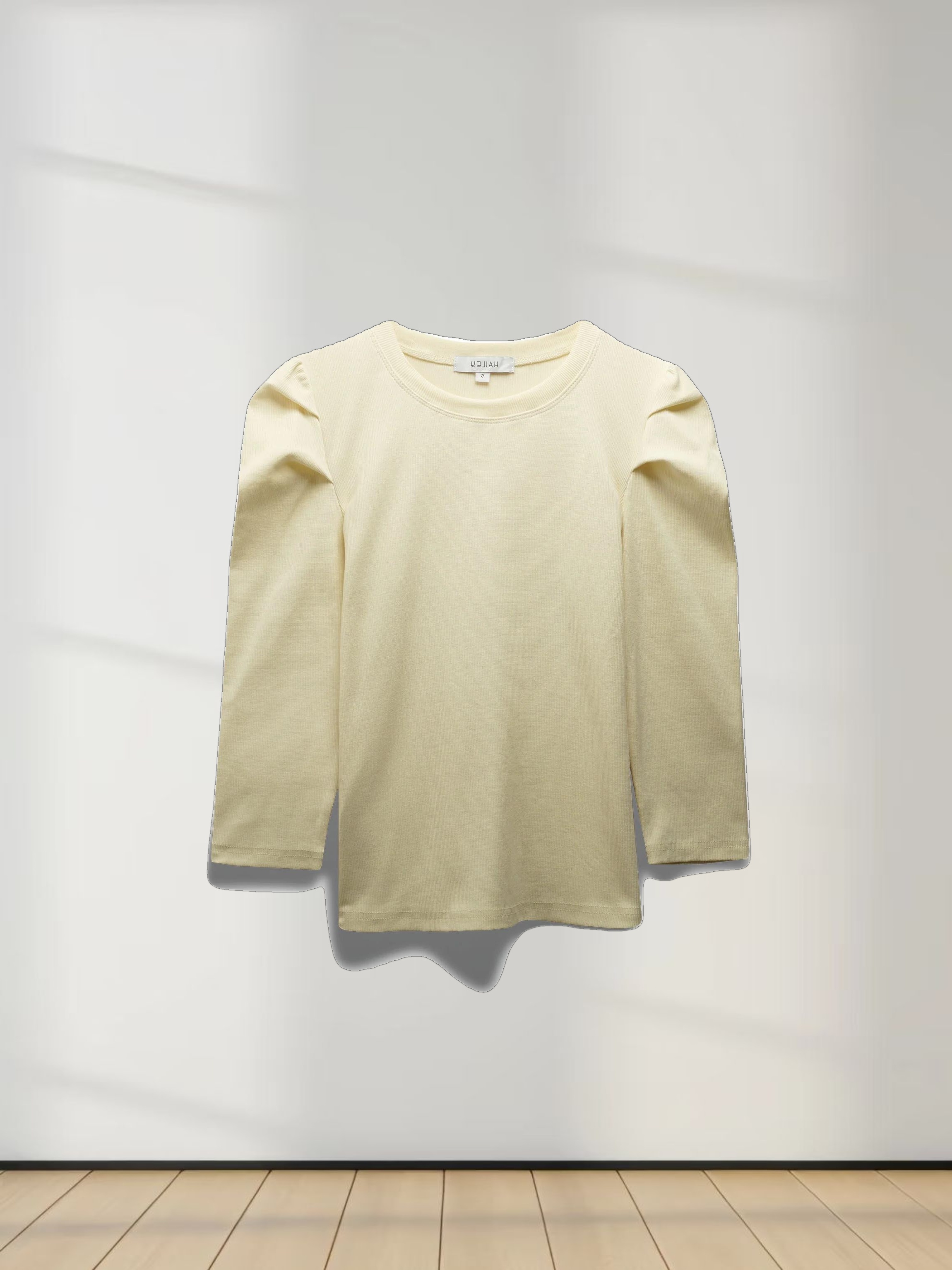 Ribbed Crew Neck Puff Sleeve Top-Ivory