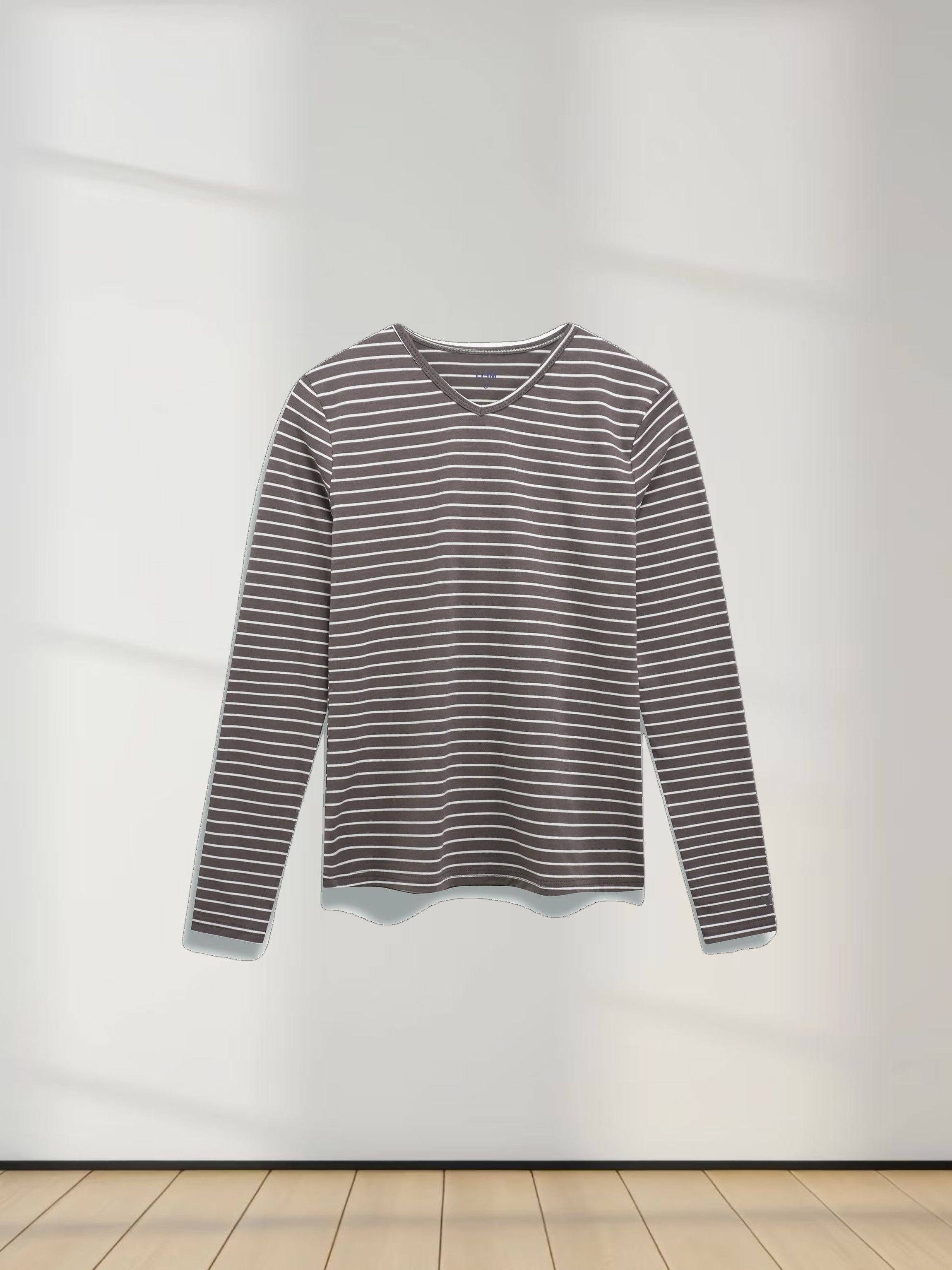 Flat Striped High V Long Sleeve-Grey/White