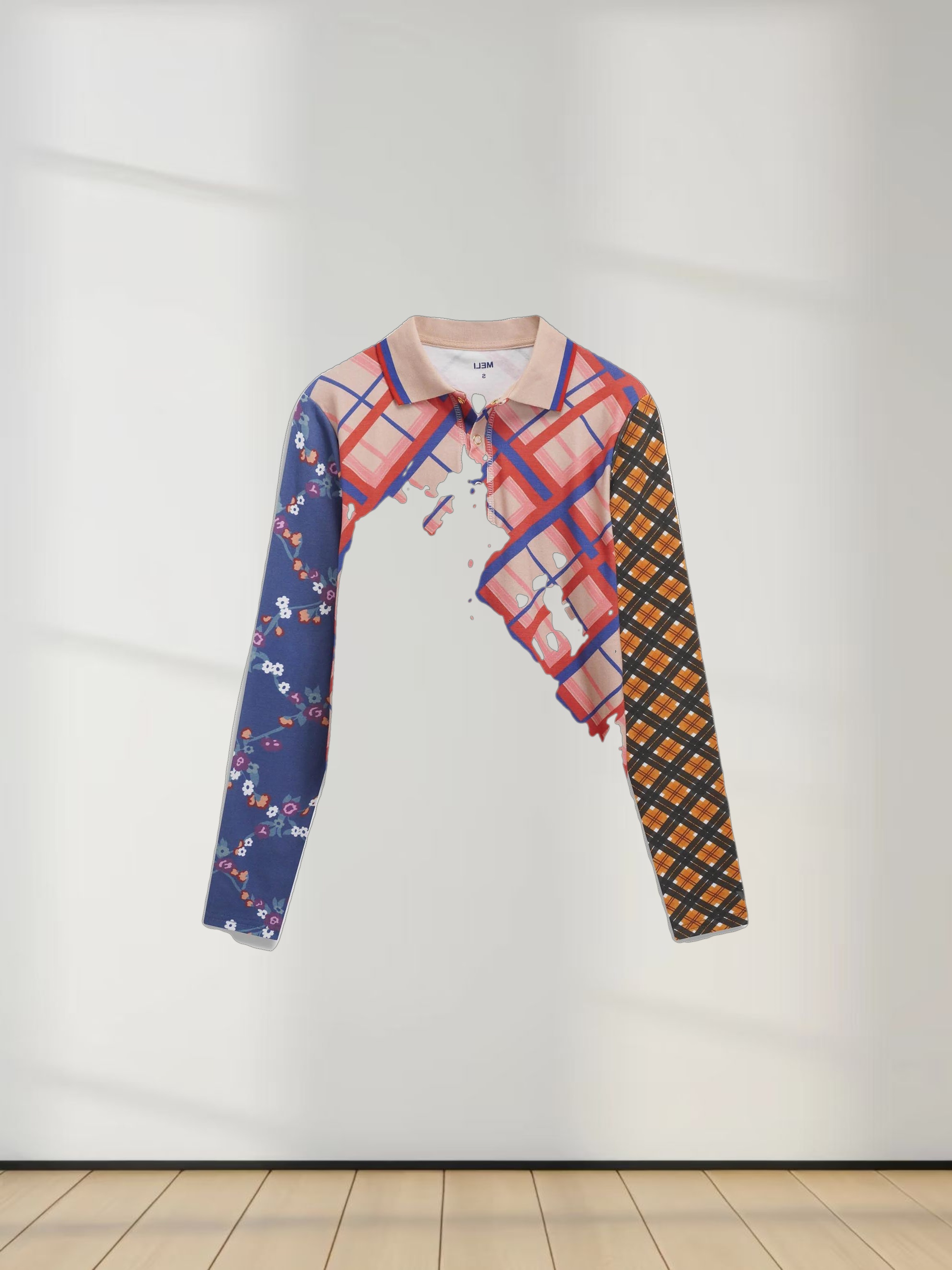 Printed Collar Snap Tee-Mix Plaid