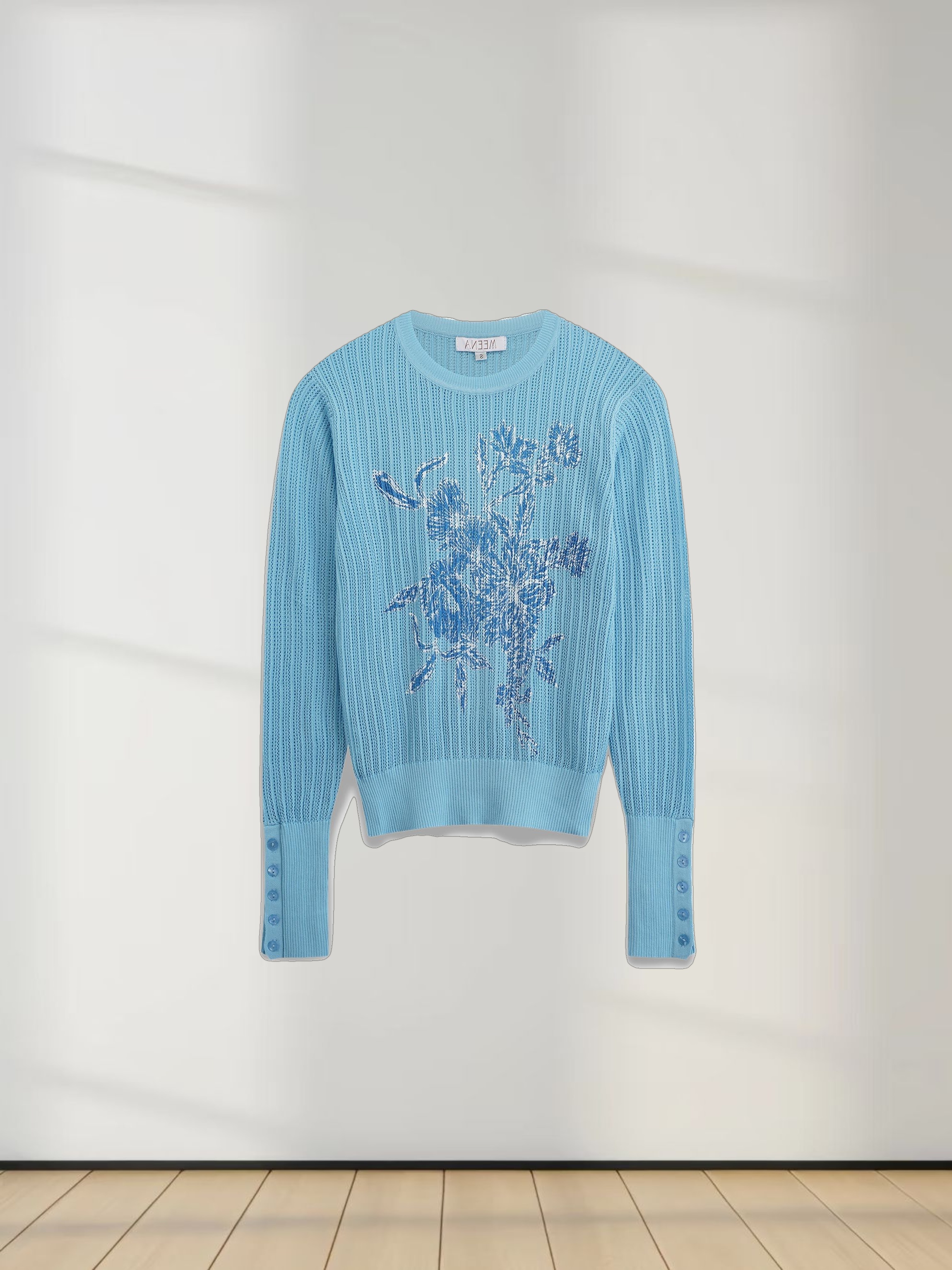 Printed Pointelle Sweater-Light Blue