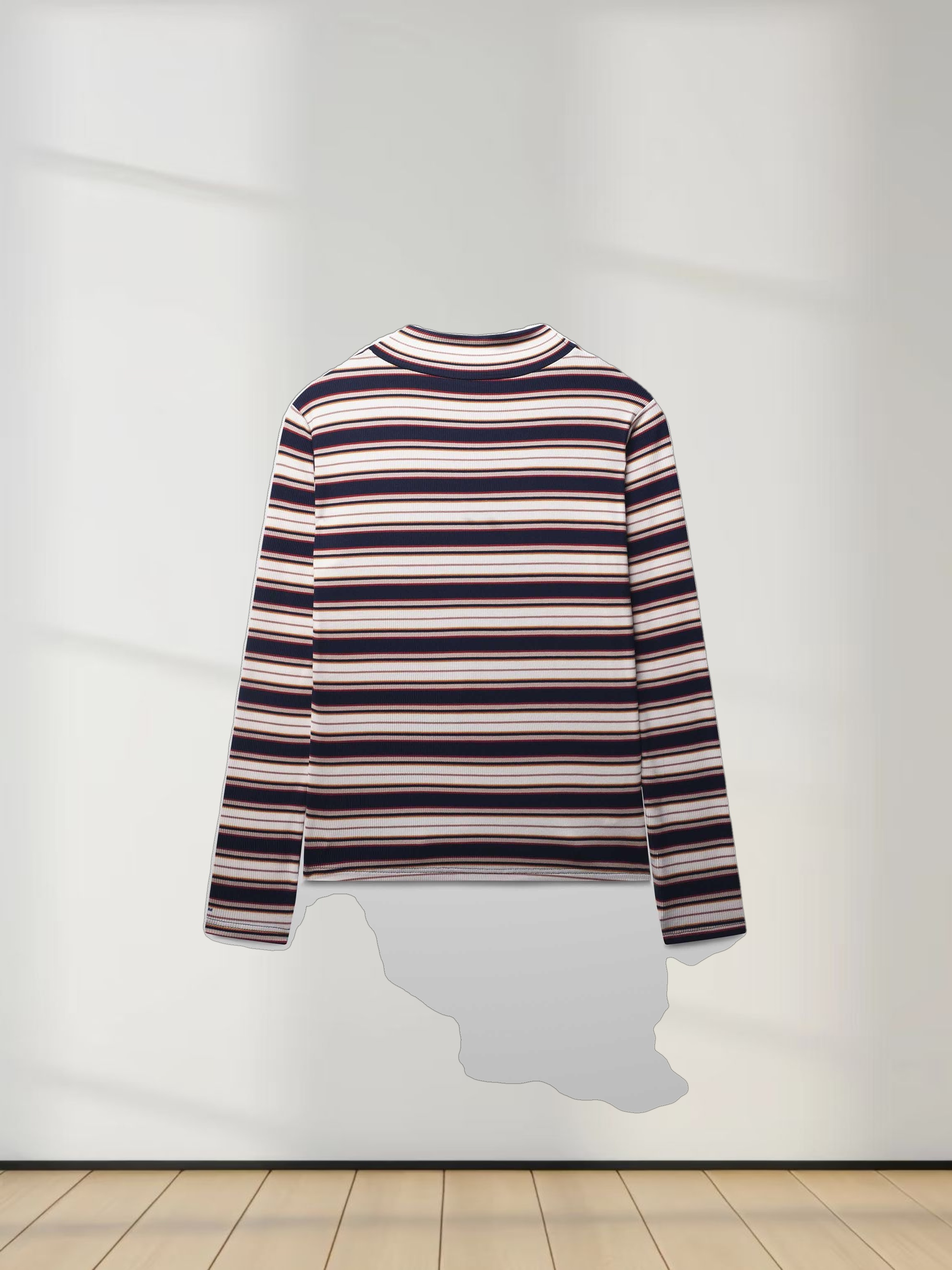 Striped Ribbed Turtleneck-Navy/Camel