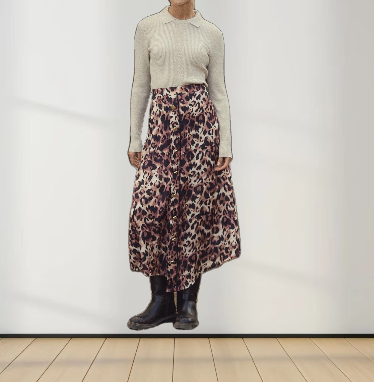 Asymmetrical Pleat Skirt-Leopard Print