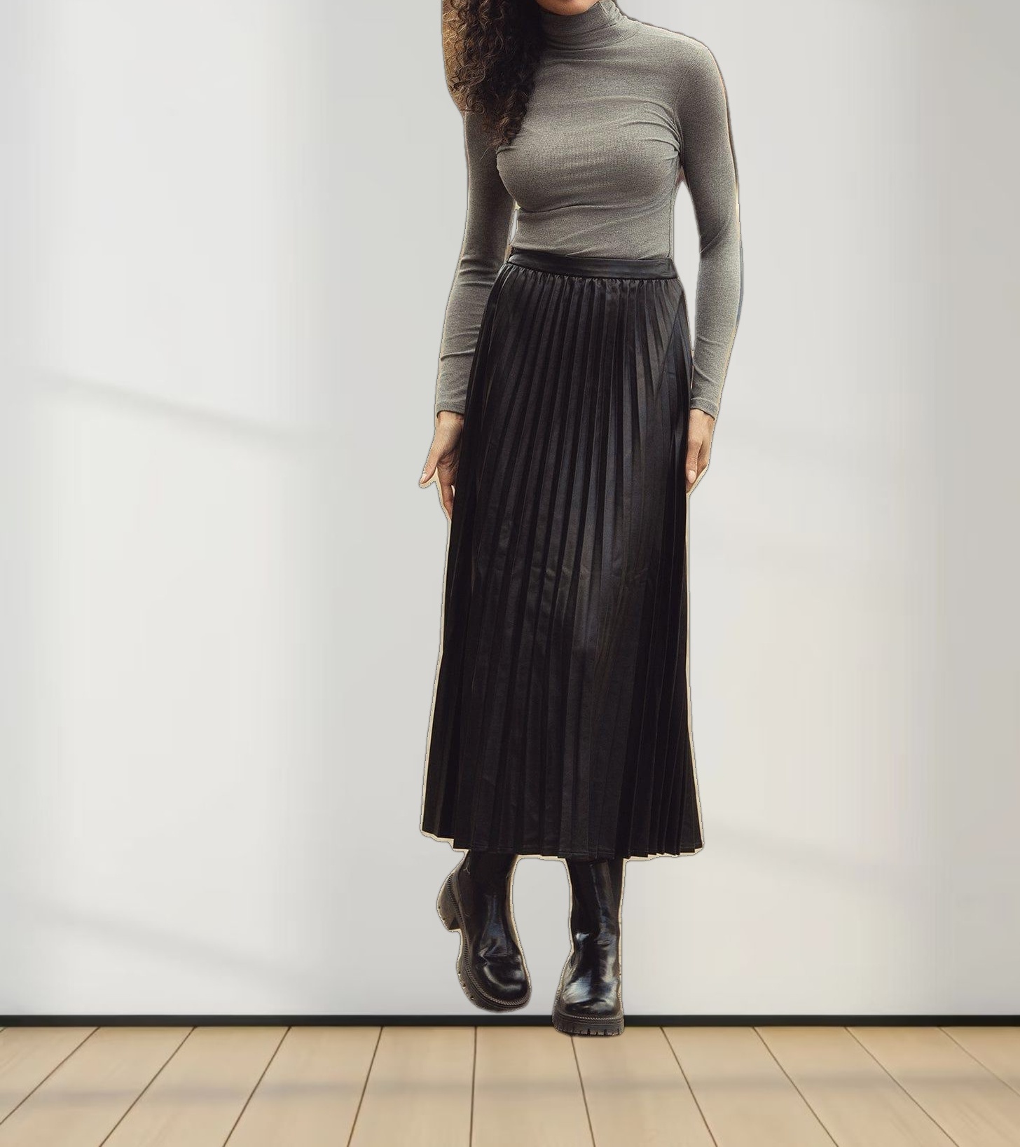 Accordion Pleated Faux Leather Skirt-Black