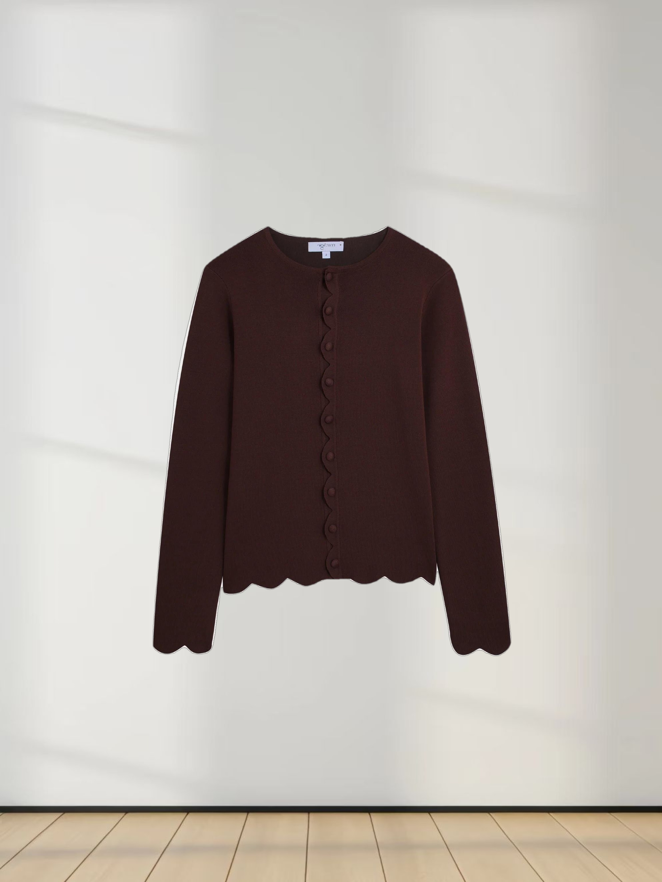 Scallop Edge Crew Cardigan-Brown