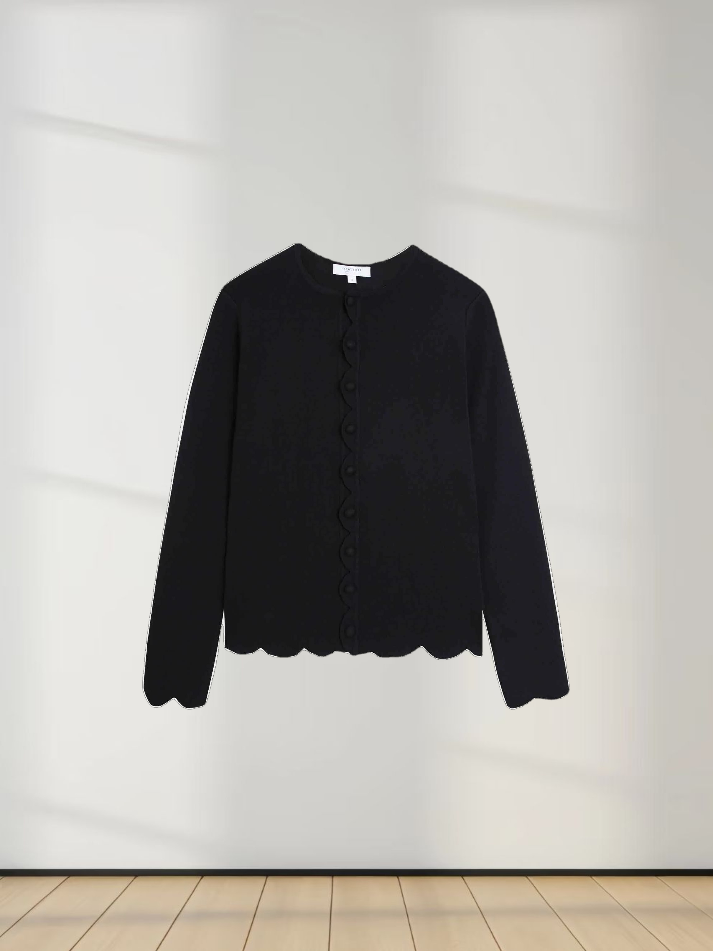 Scallop Edge Crew Cardigan-Black