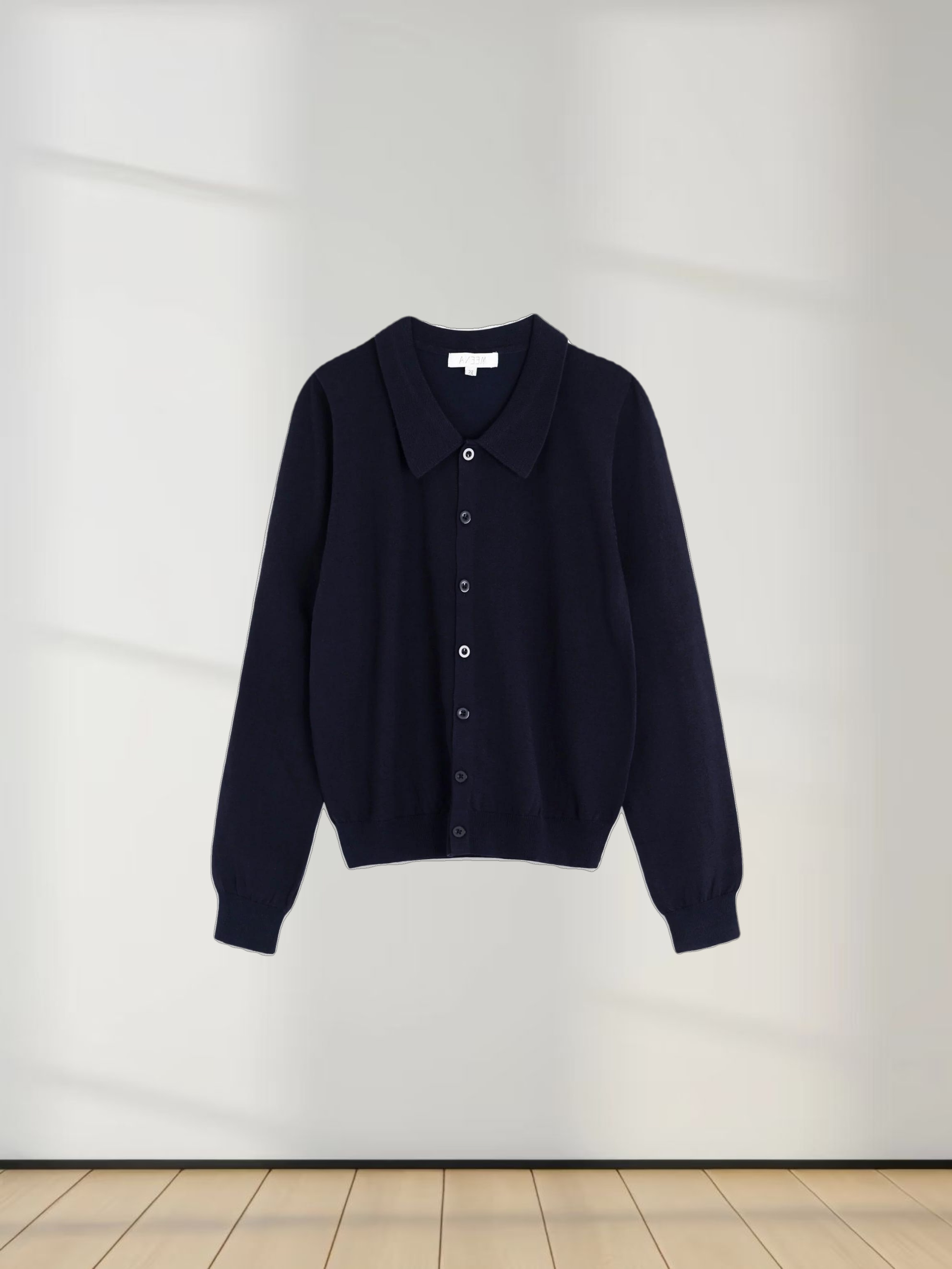 Wool Blend Collared Cardigan-Navy
