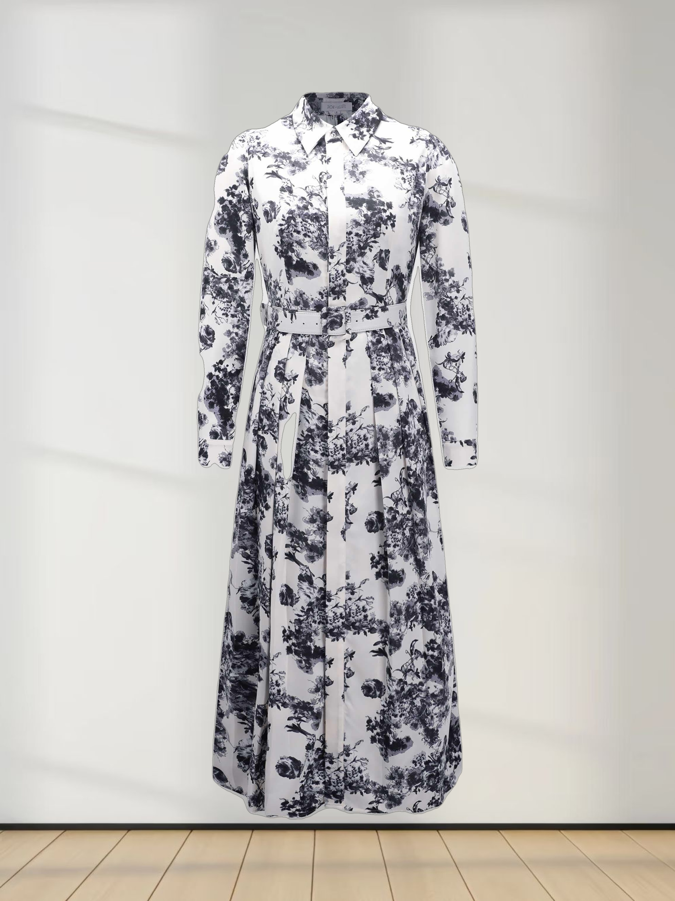 Belted Waist Pleat Shirtdress-Cream/Blue Floral