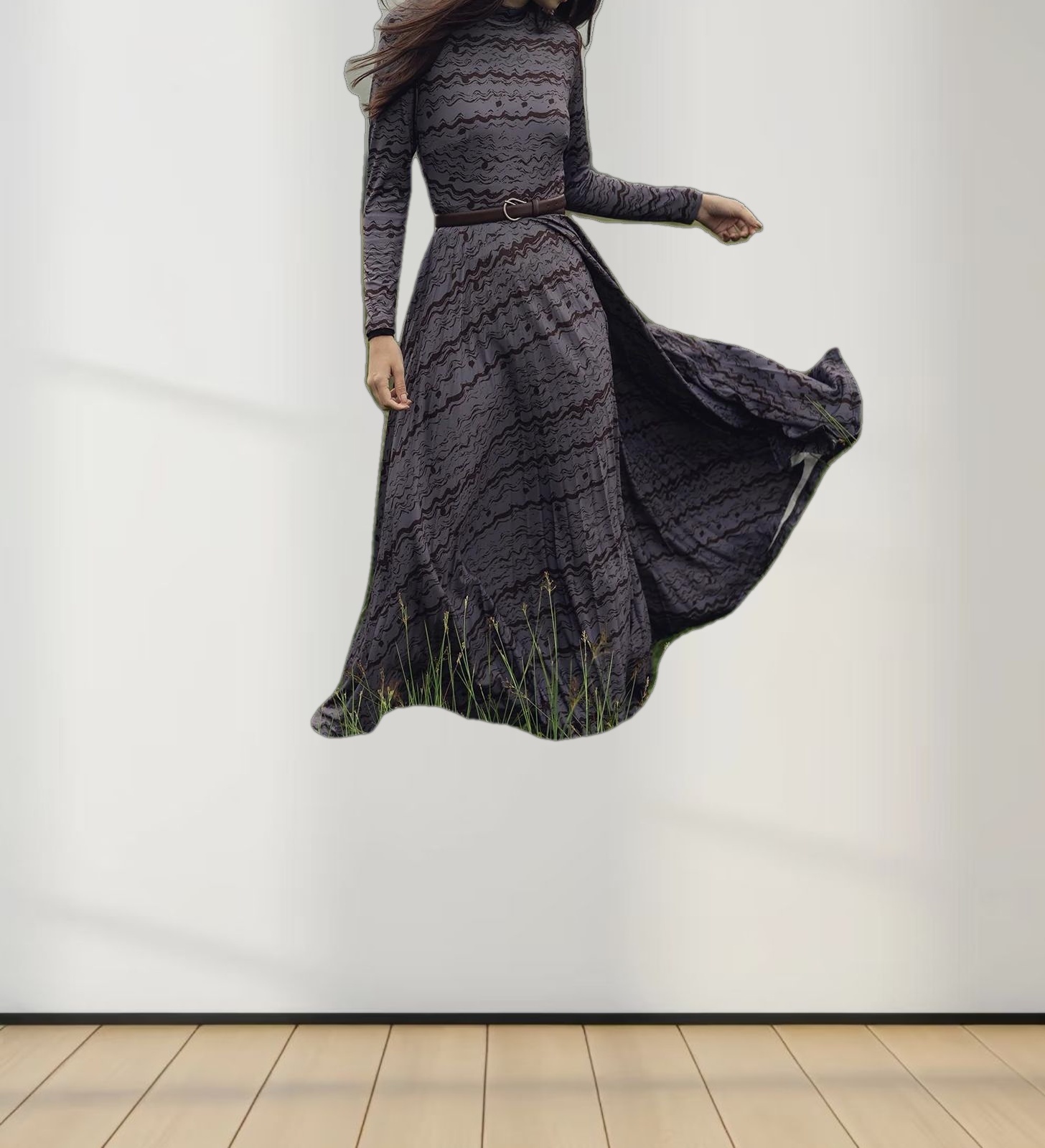 Pleat Bottom Stretch Maxi Dress-Grey/Brown