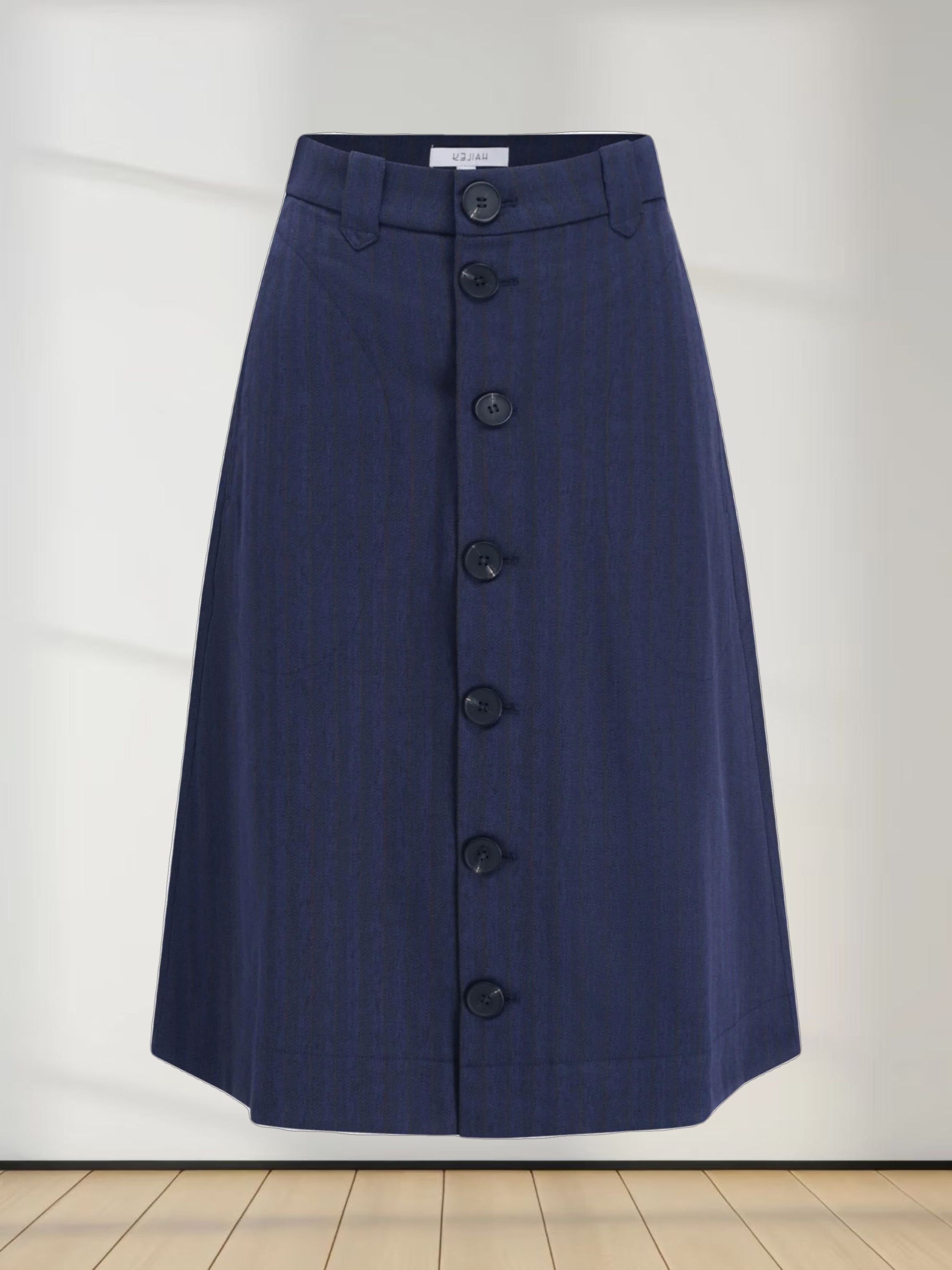 Herringbone Pinstripe Button Down A-Line Skirt-Navy/Brown
