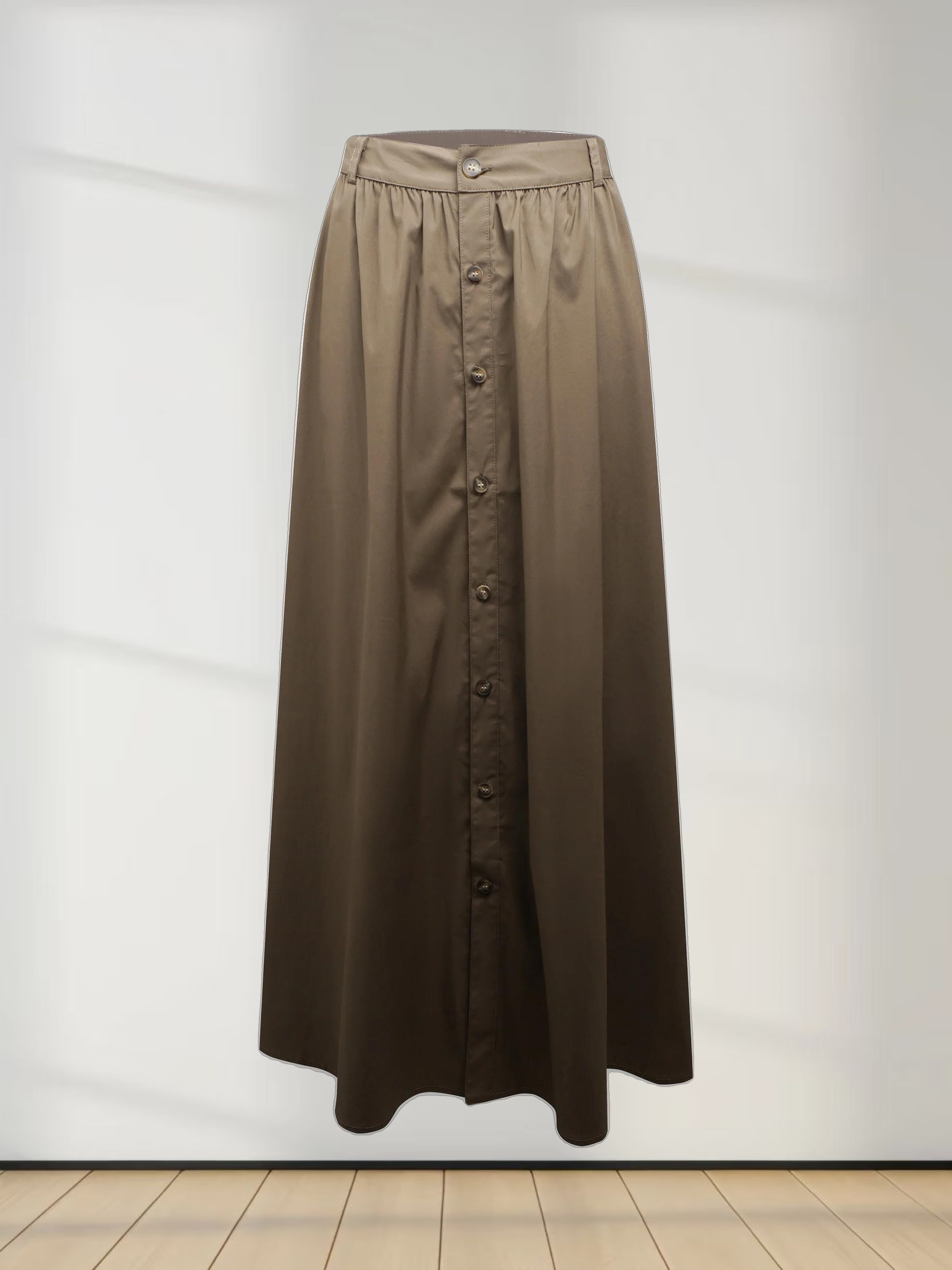 Button Down Cotton Blend Skirt-Brown