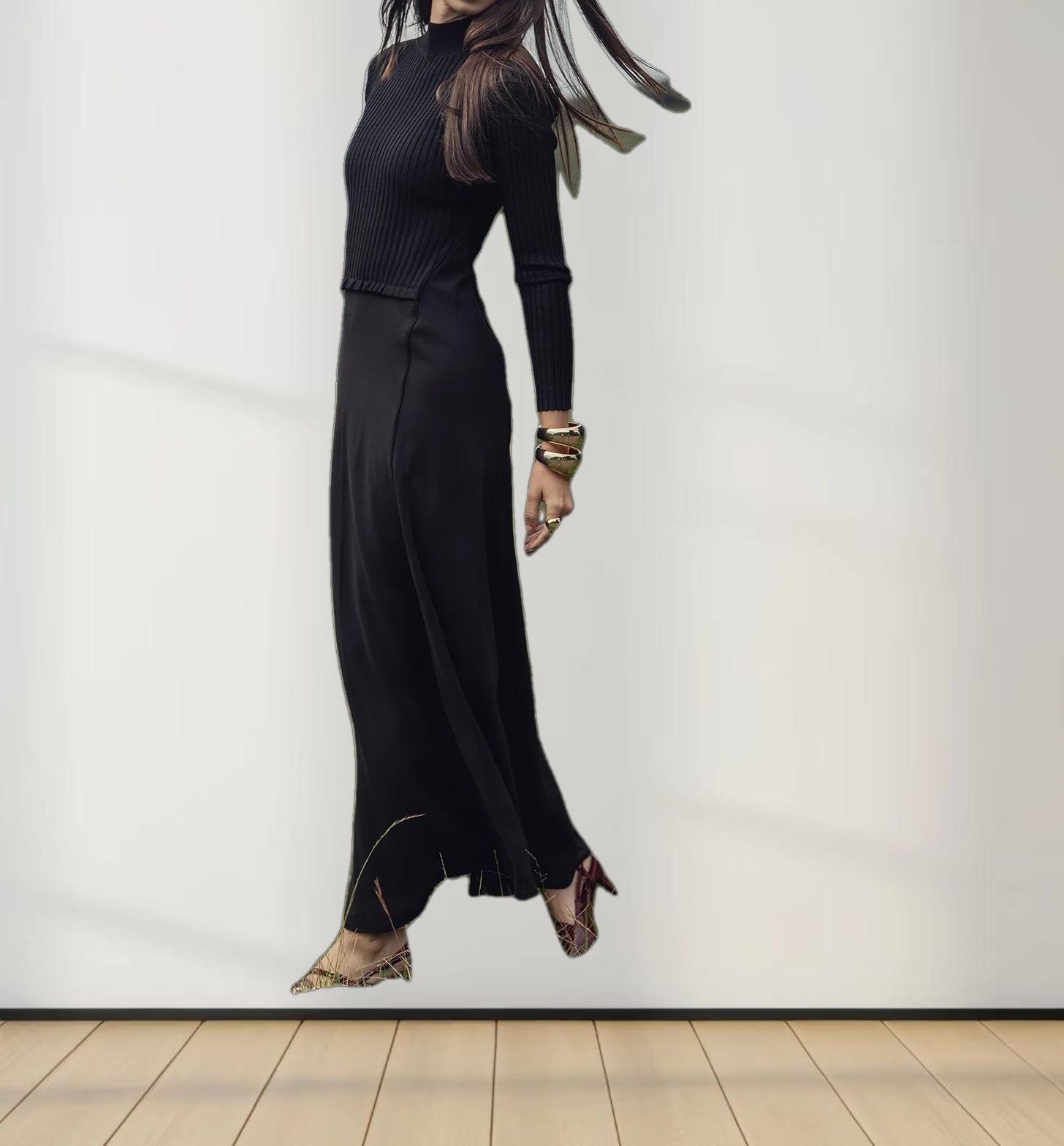 Crepe Bottom Dress-Black/Black