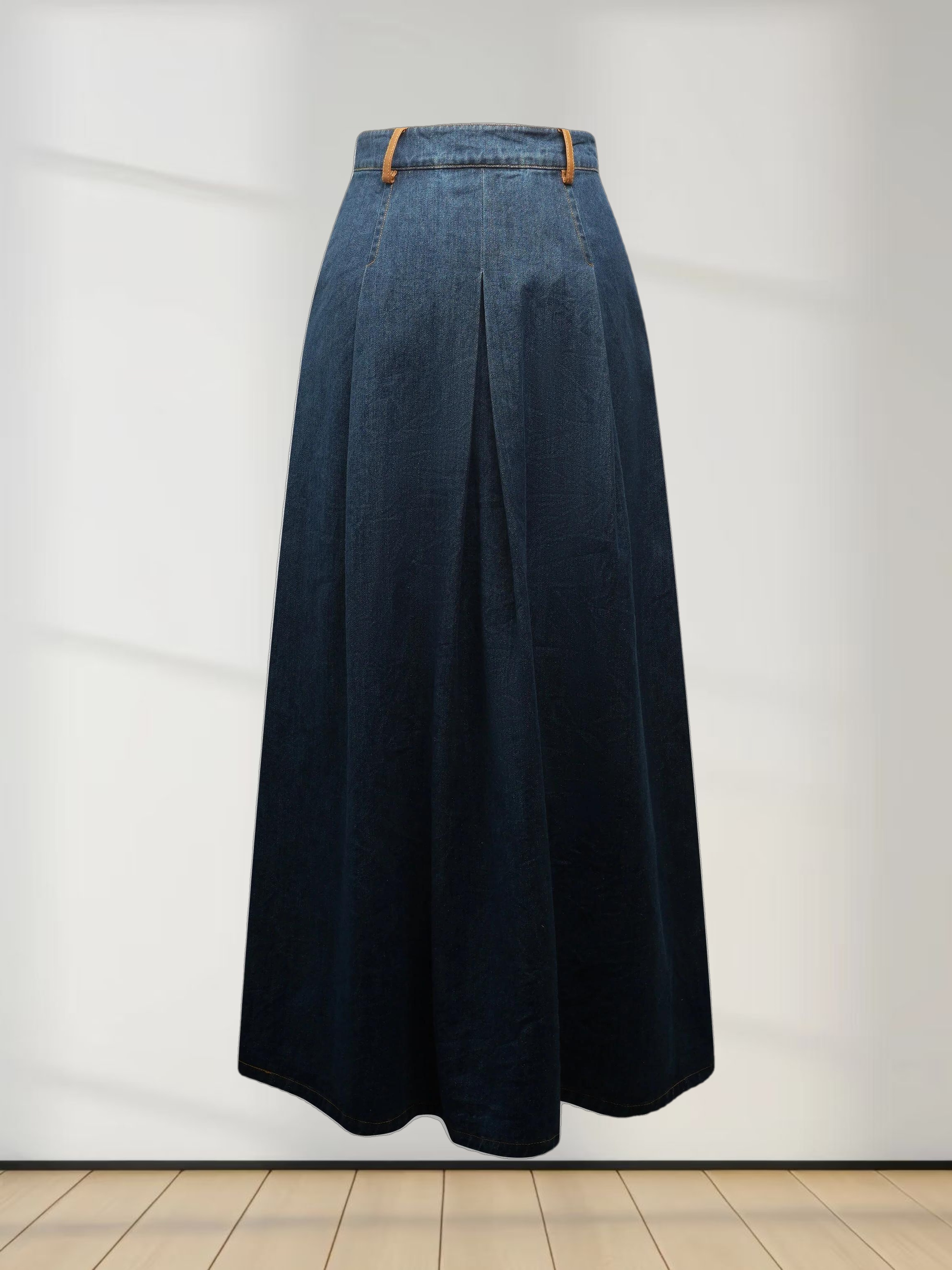 Leather Trim Denim Skirt-Blue