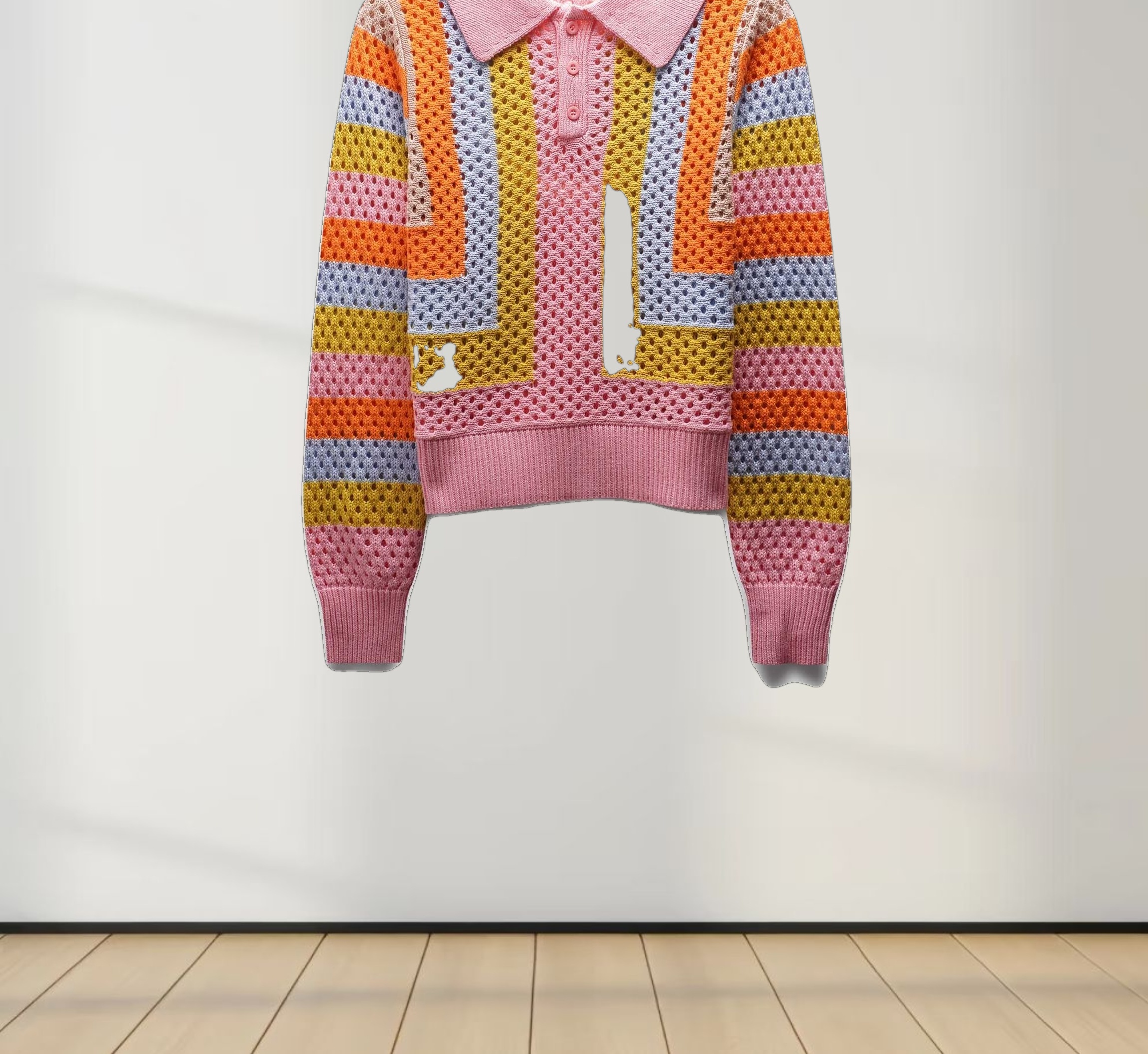 Mesh Striped Polo Sweater-Pink