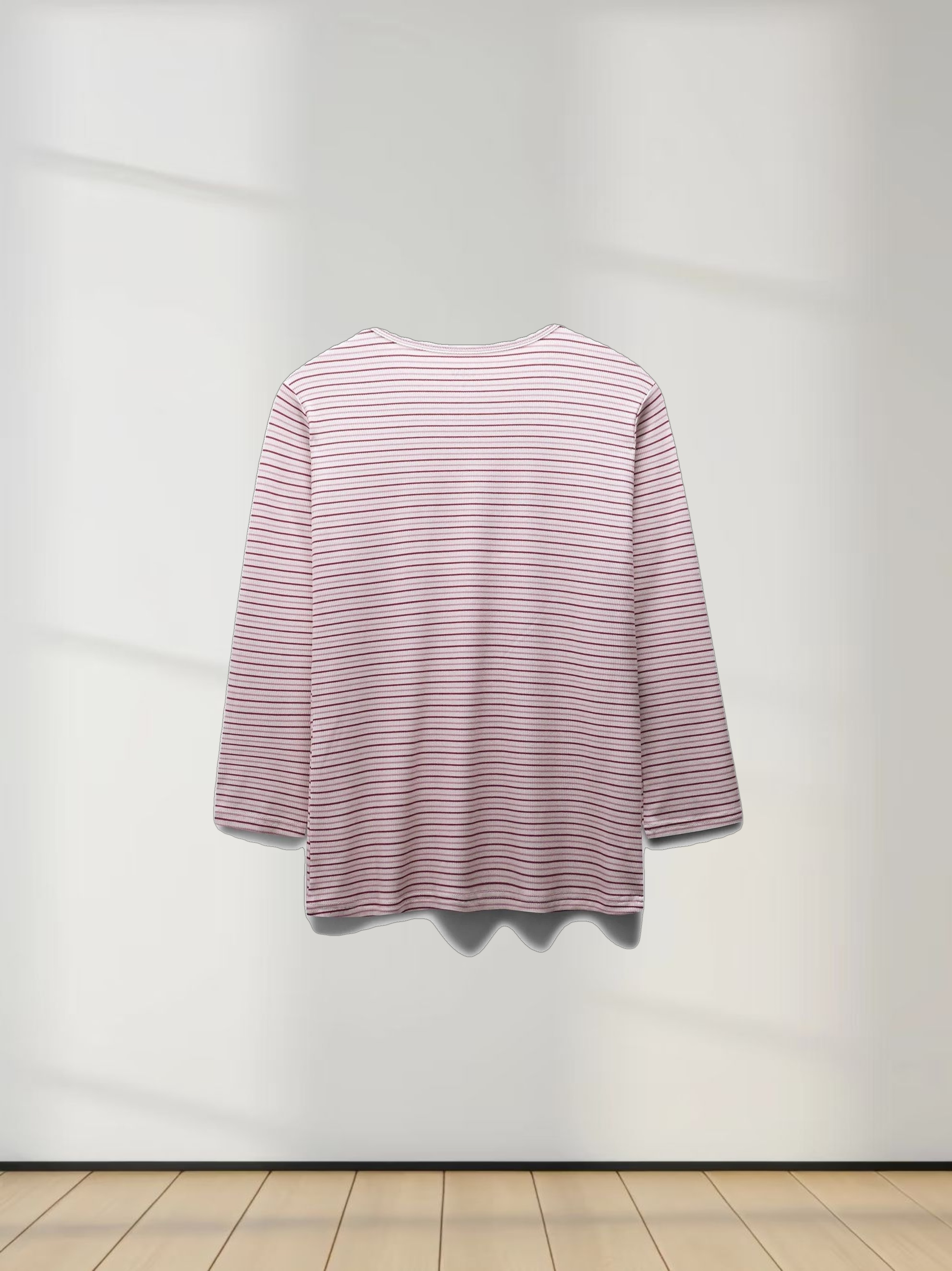 Ribbed Striped Crew 3/4 Sleeve-Pink/Raspberry