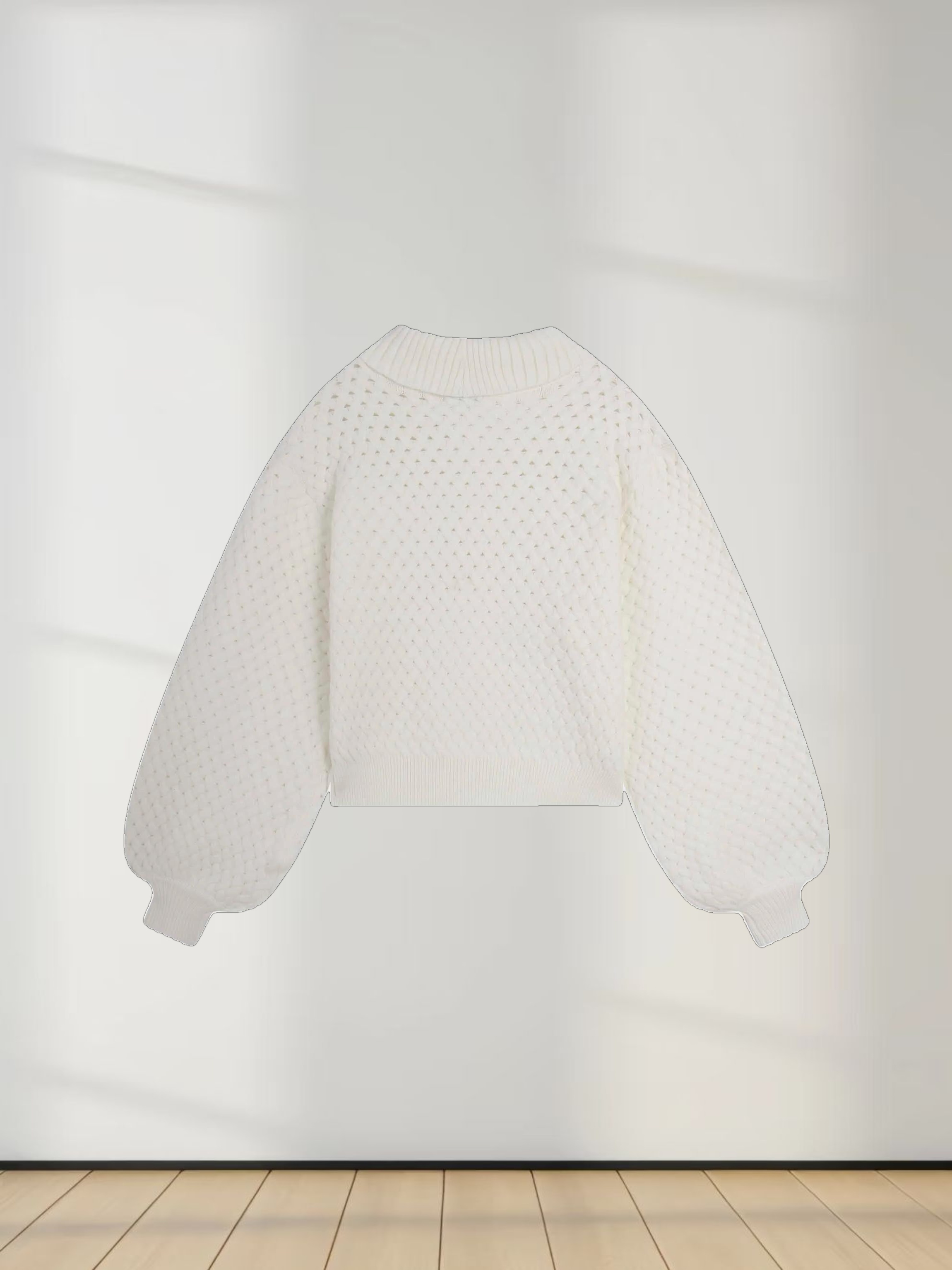 Basketweave Turtleneck Sweater-Cream