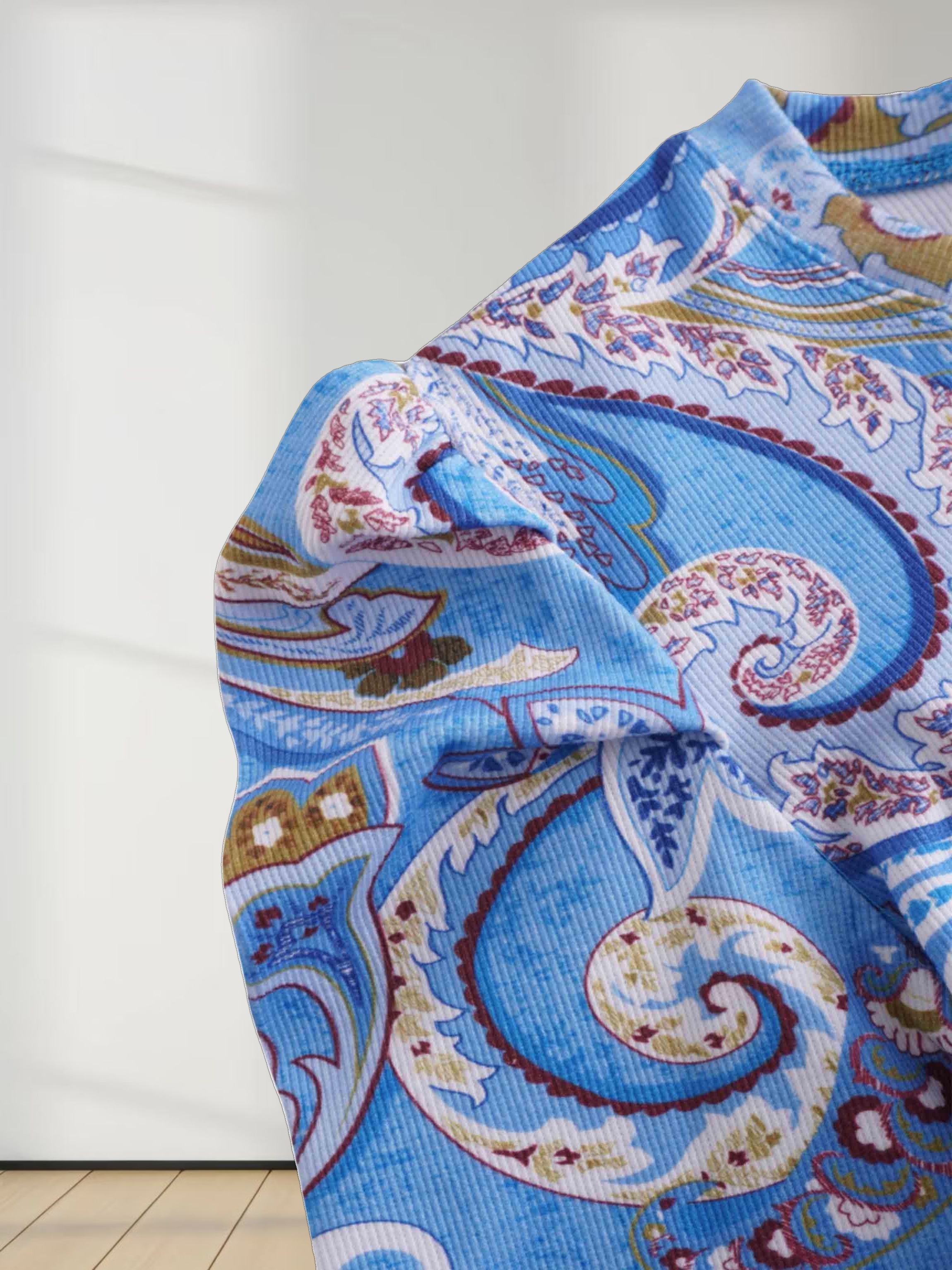 Ribbed Crew Neck Puff Sleeve Top-Light Blue Paisley