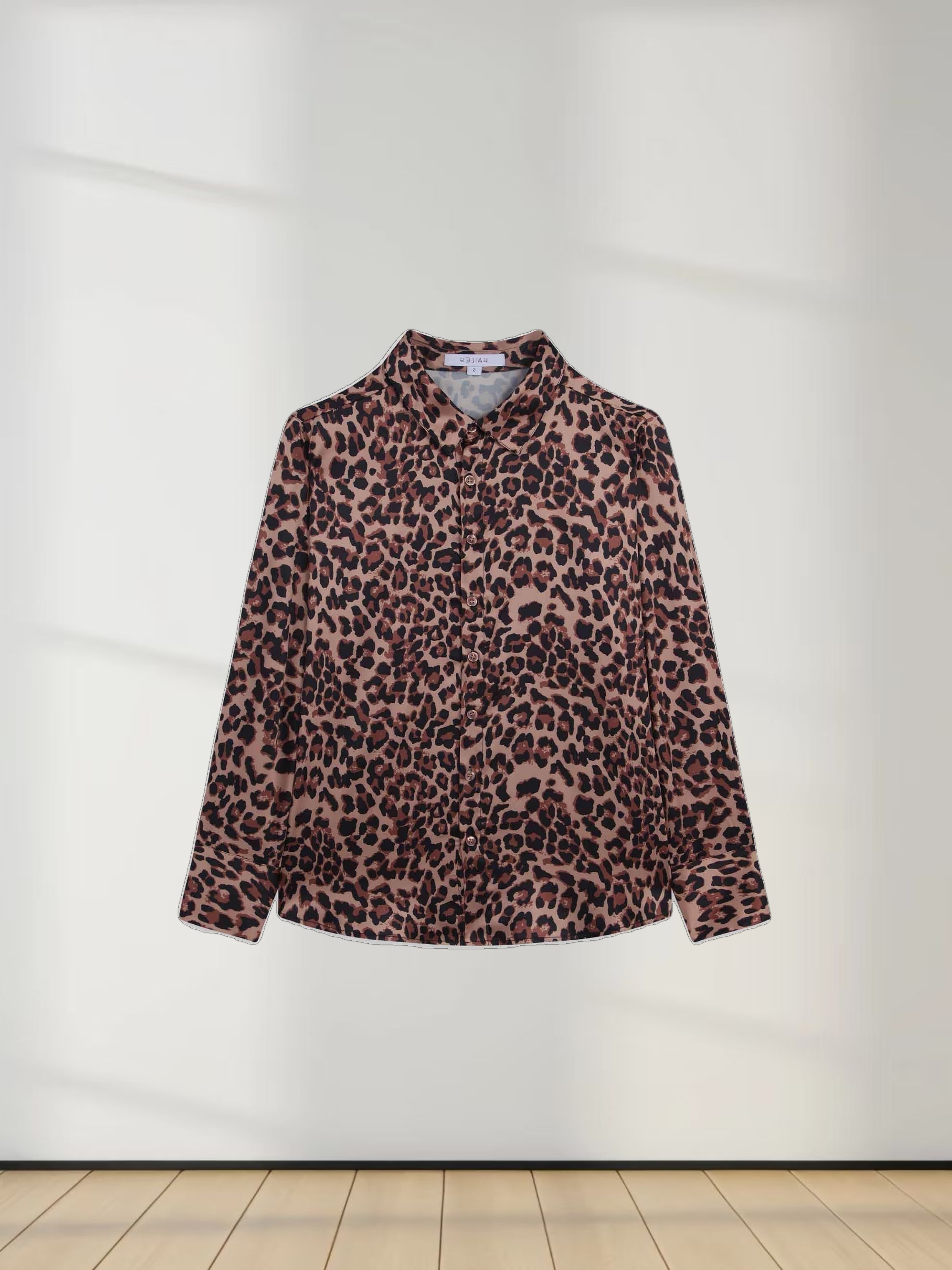 Oversized Satin Slip Blouse-Brown Leopard