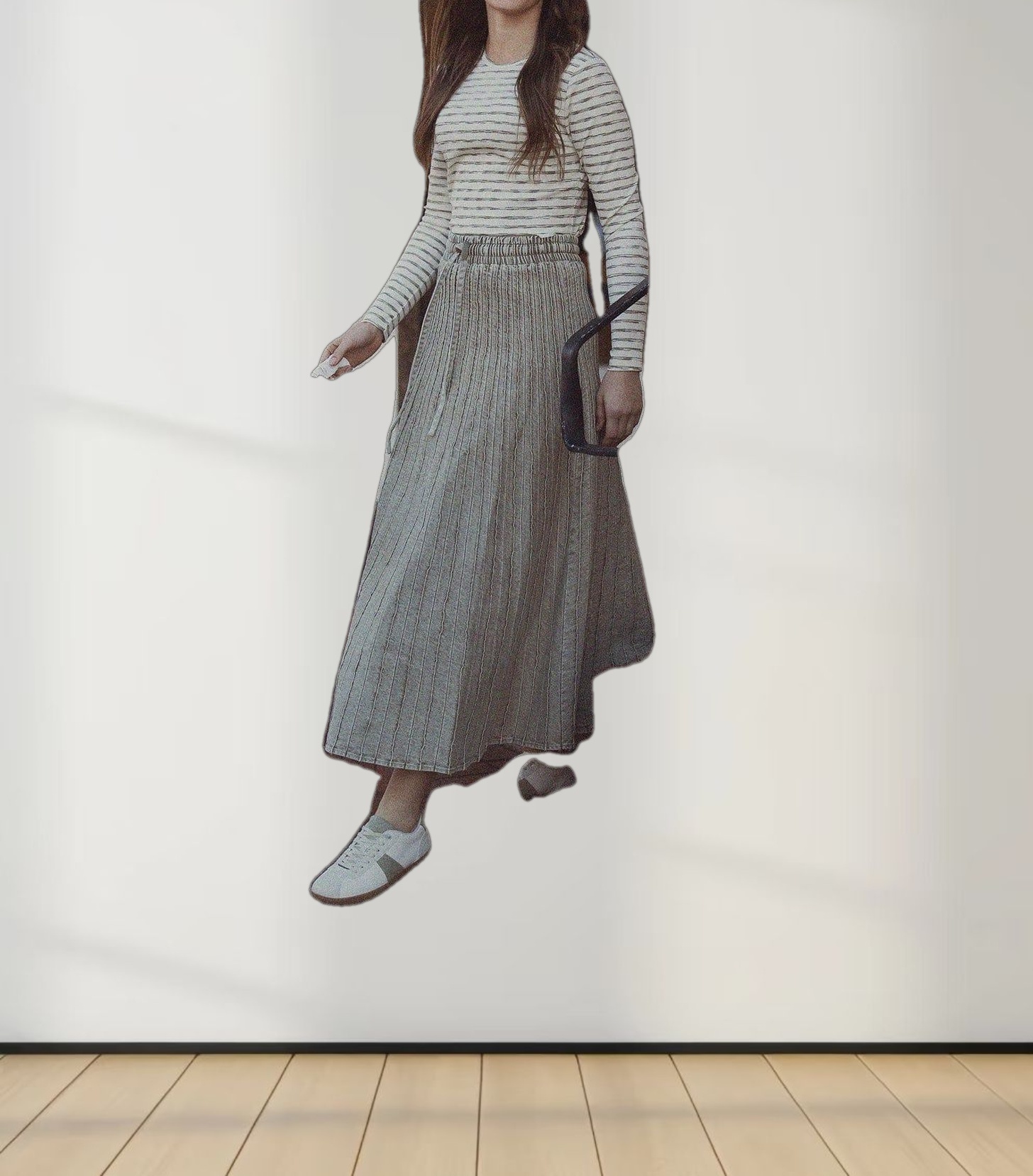 Stitched Micro Pleat Denim Skirt-Olive