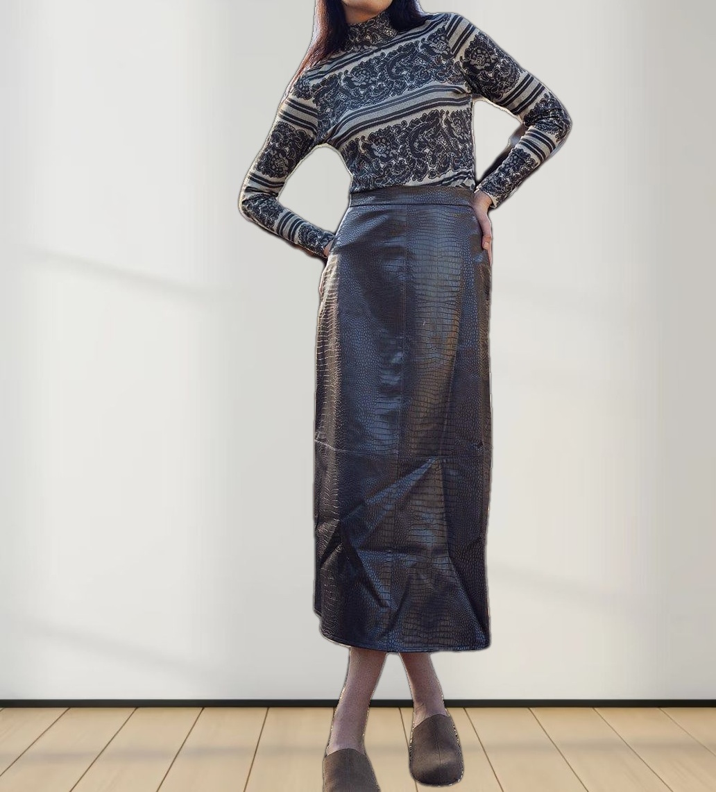 Croc Leather Skirt-Grey