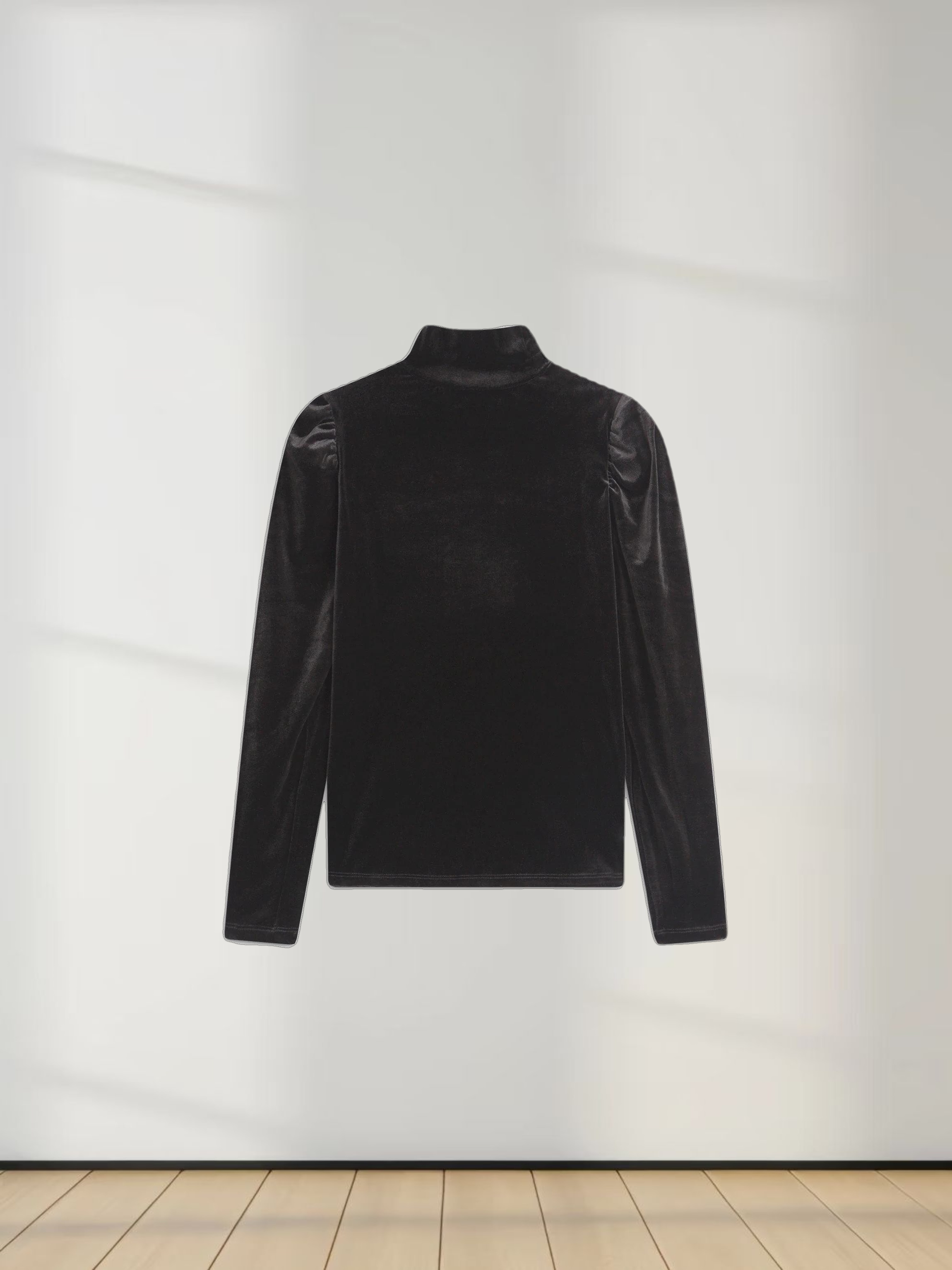 Side Ruched Velour Turtleneck-Black