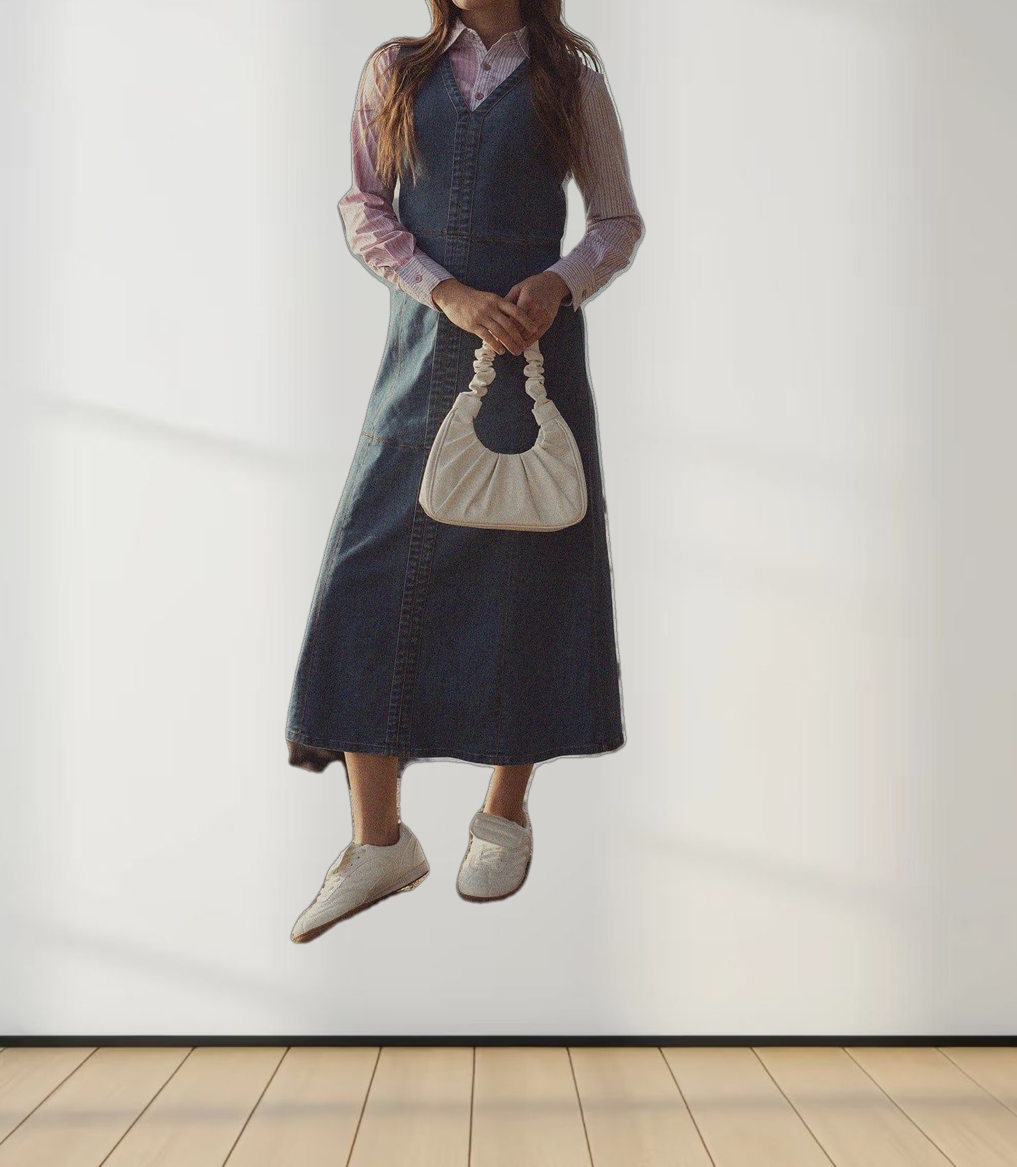 High Waisted V Neck Denim Jumper-Blue