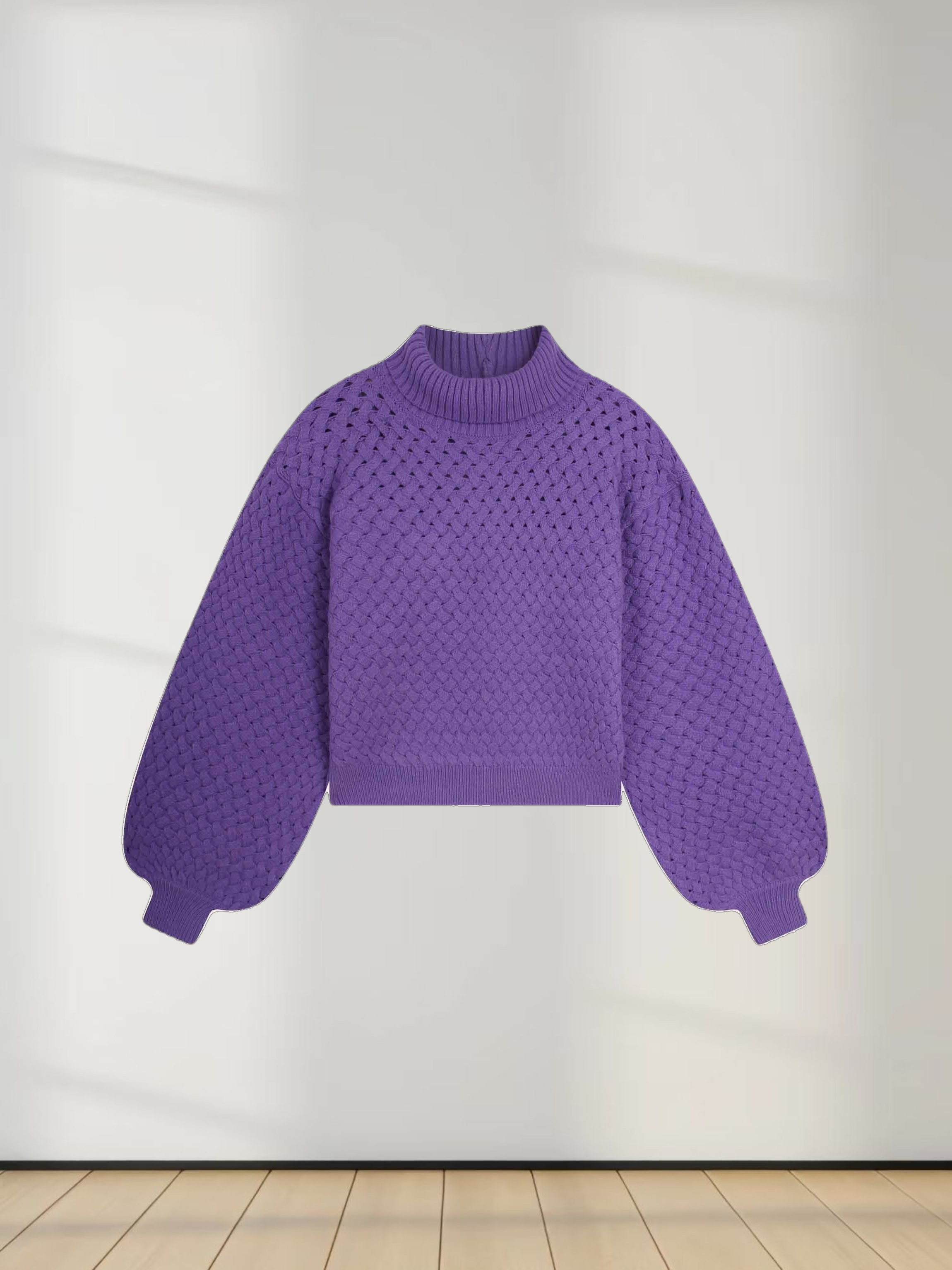 Basketweave Turtleneck Sweater-Purple