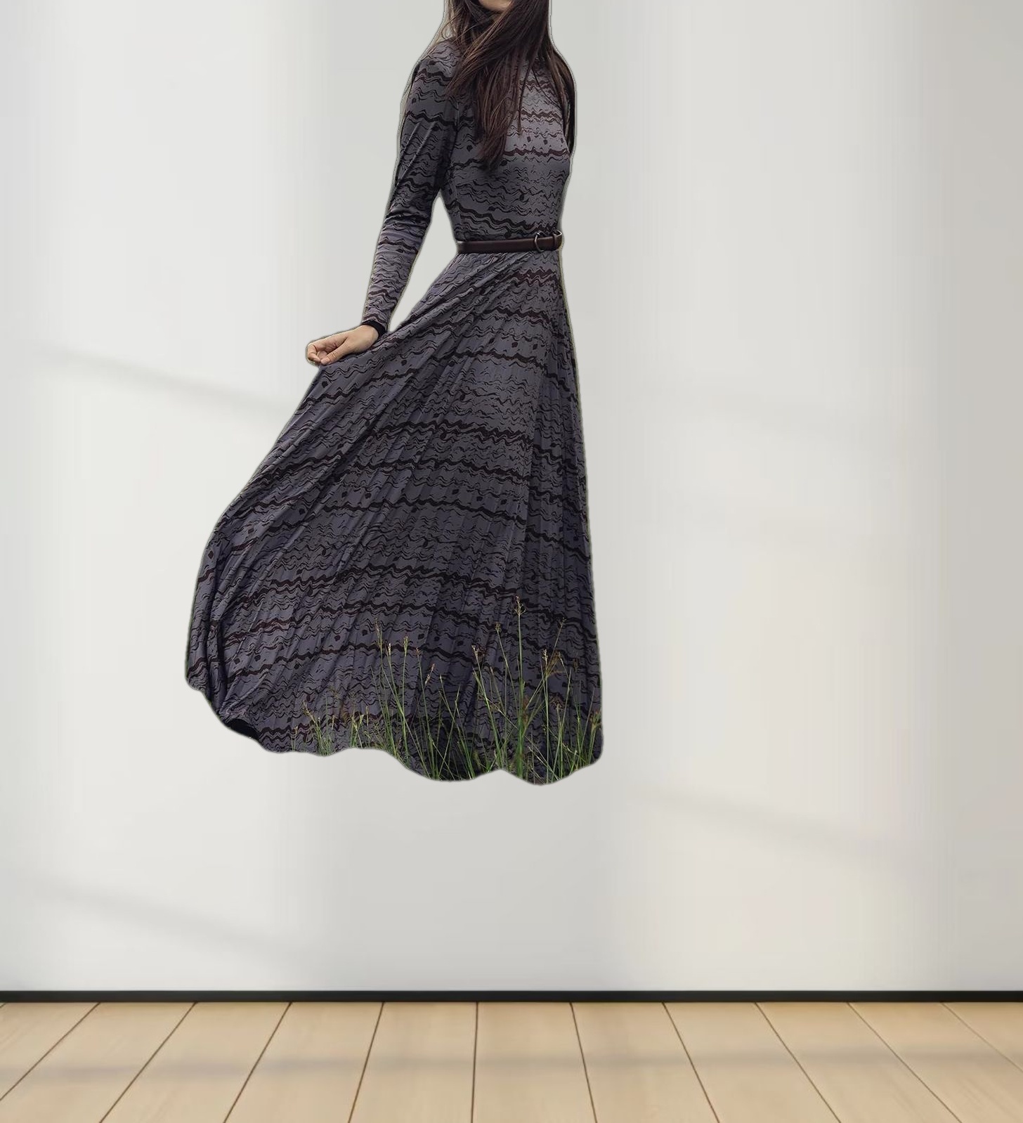 Pleat Bottom Stretch Maxi Dress-Grey/Brown