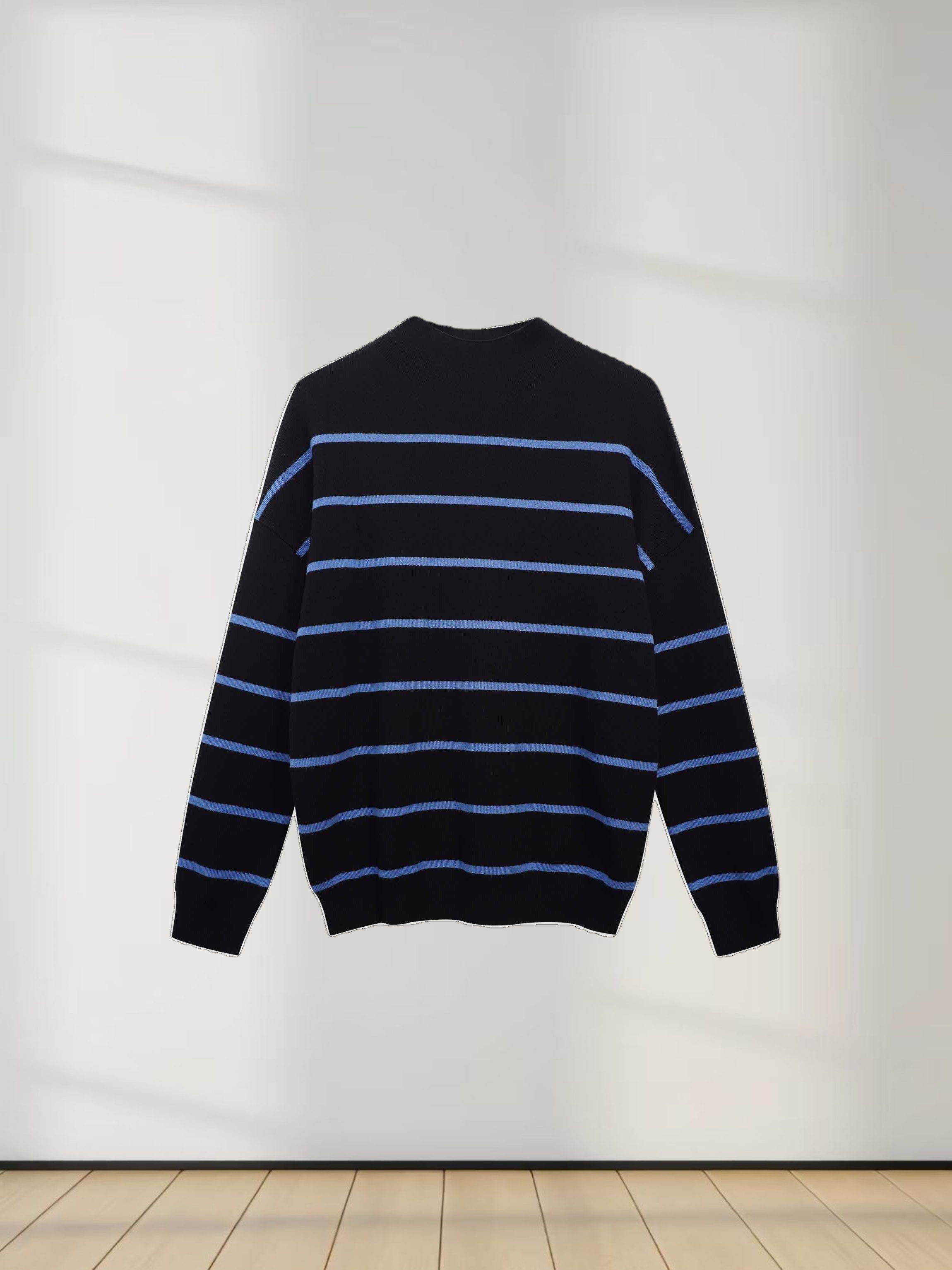 Mock Neck Thin Knit Sweater-Black/Light Blue