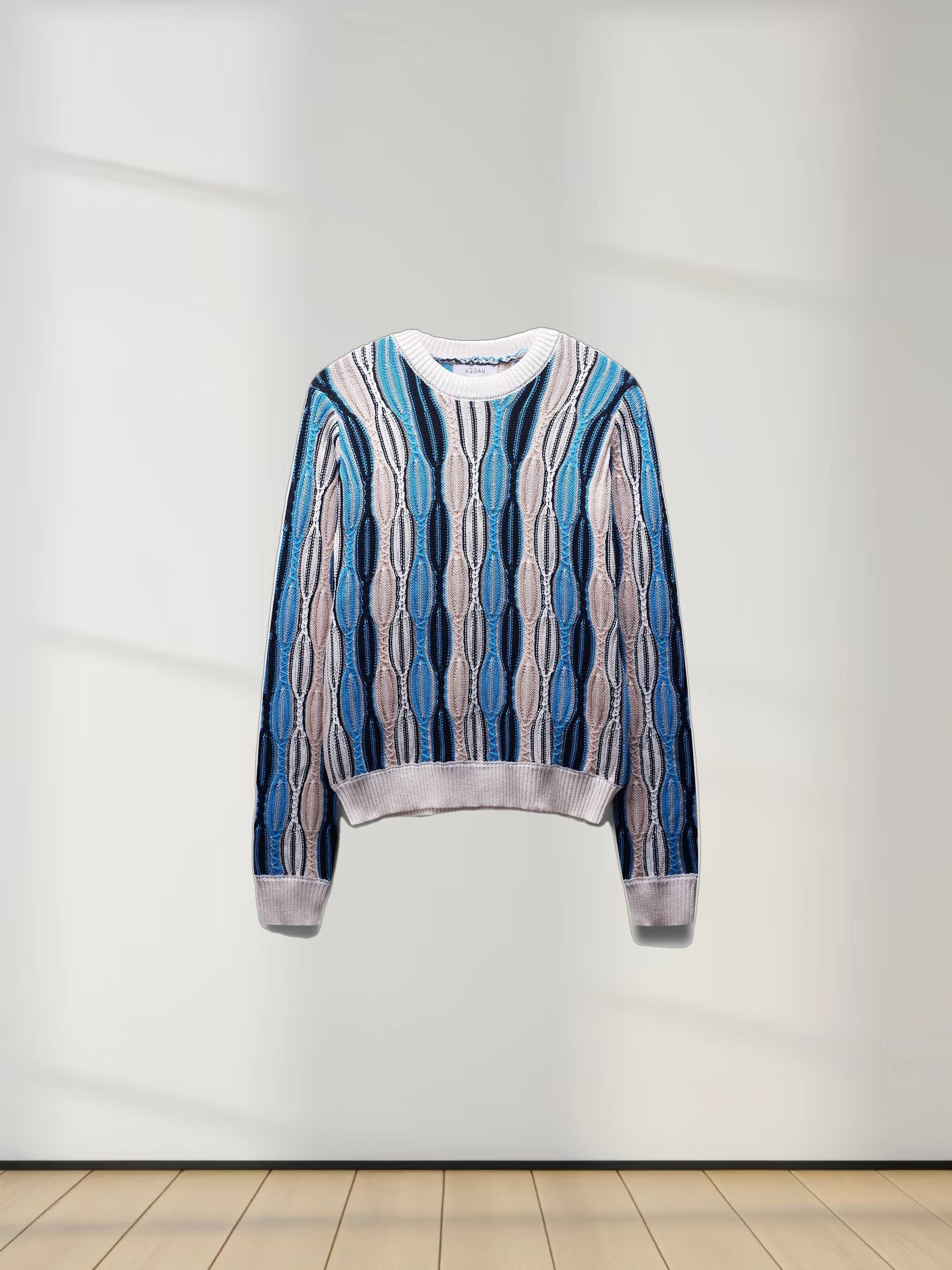 Wave Design Crew Neck Sweater-Tan/Blue