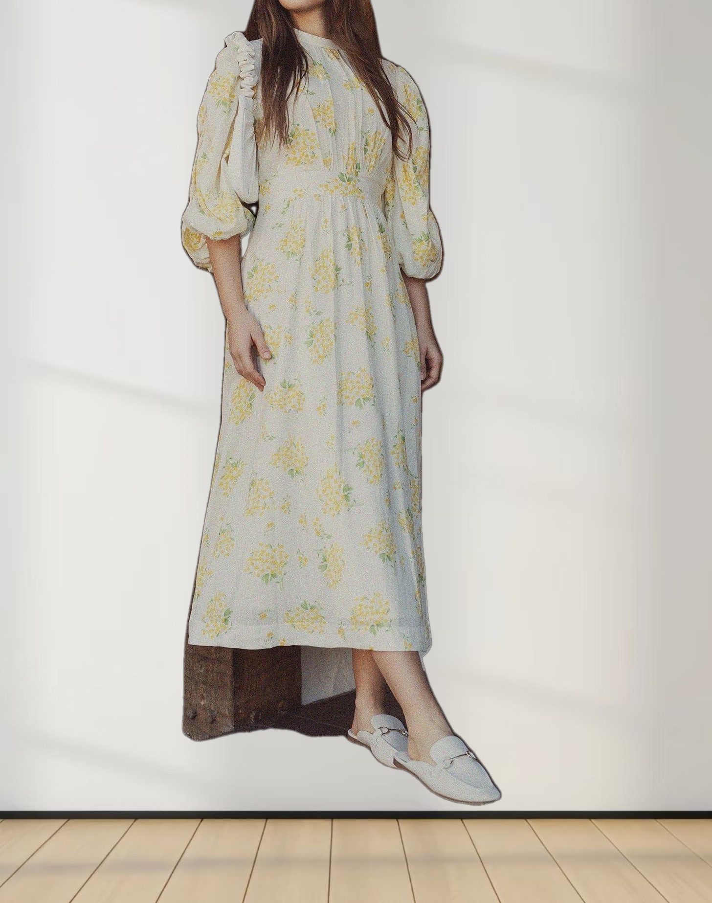 Ruched Puff Sleeve Dress-Yellow Floral