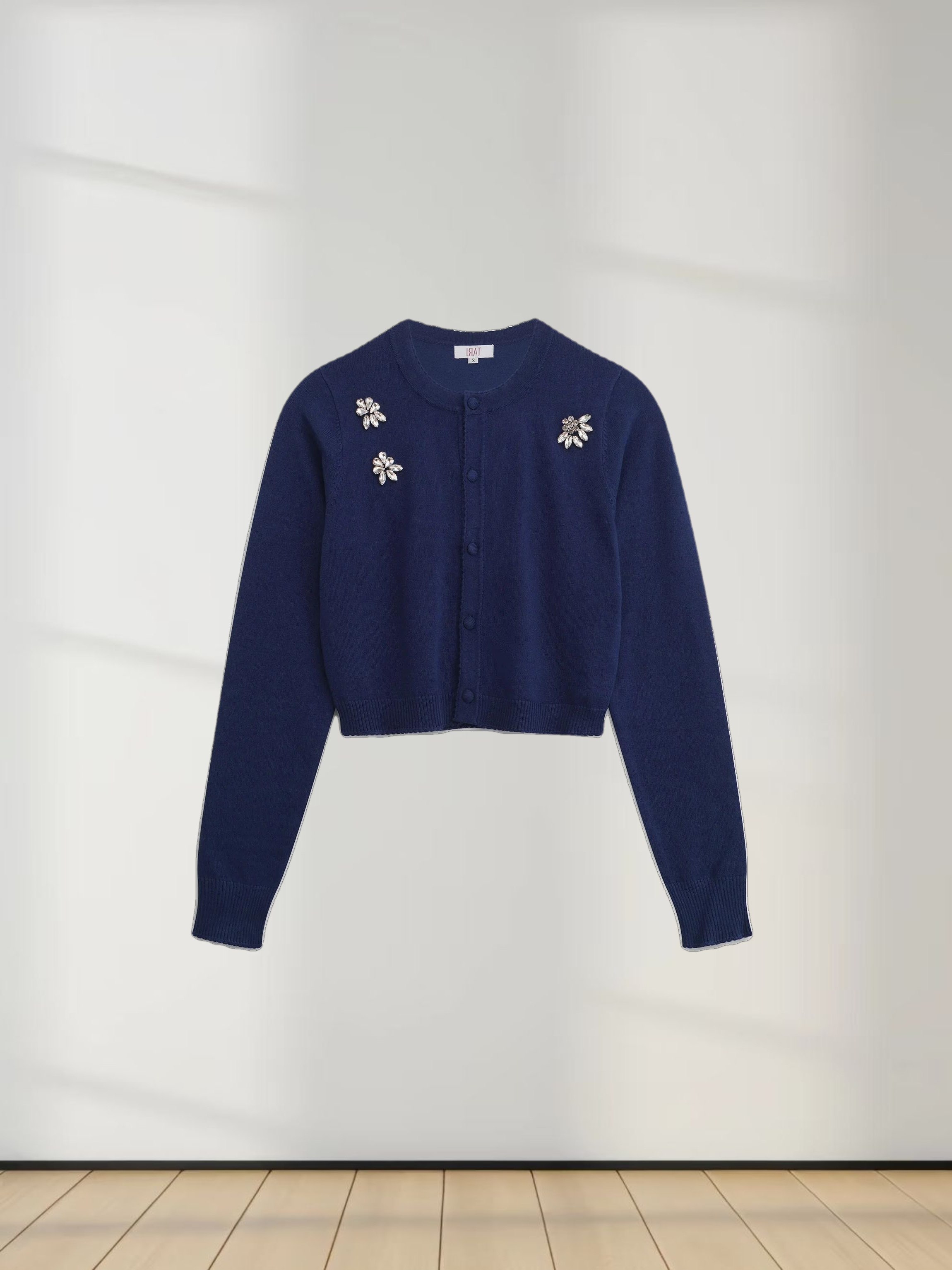 Embellished Cluster Crop Cardigan-Navy