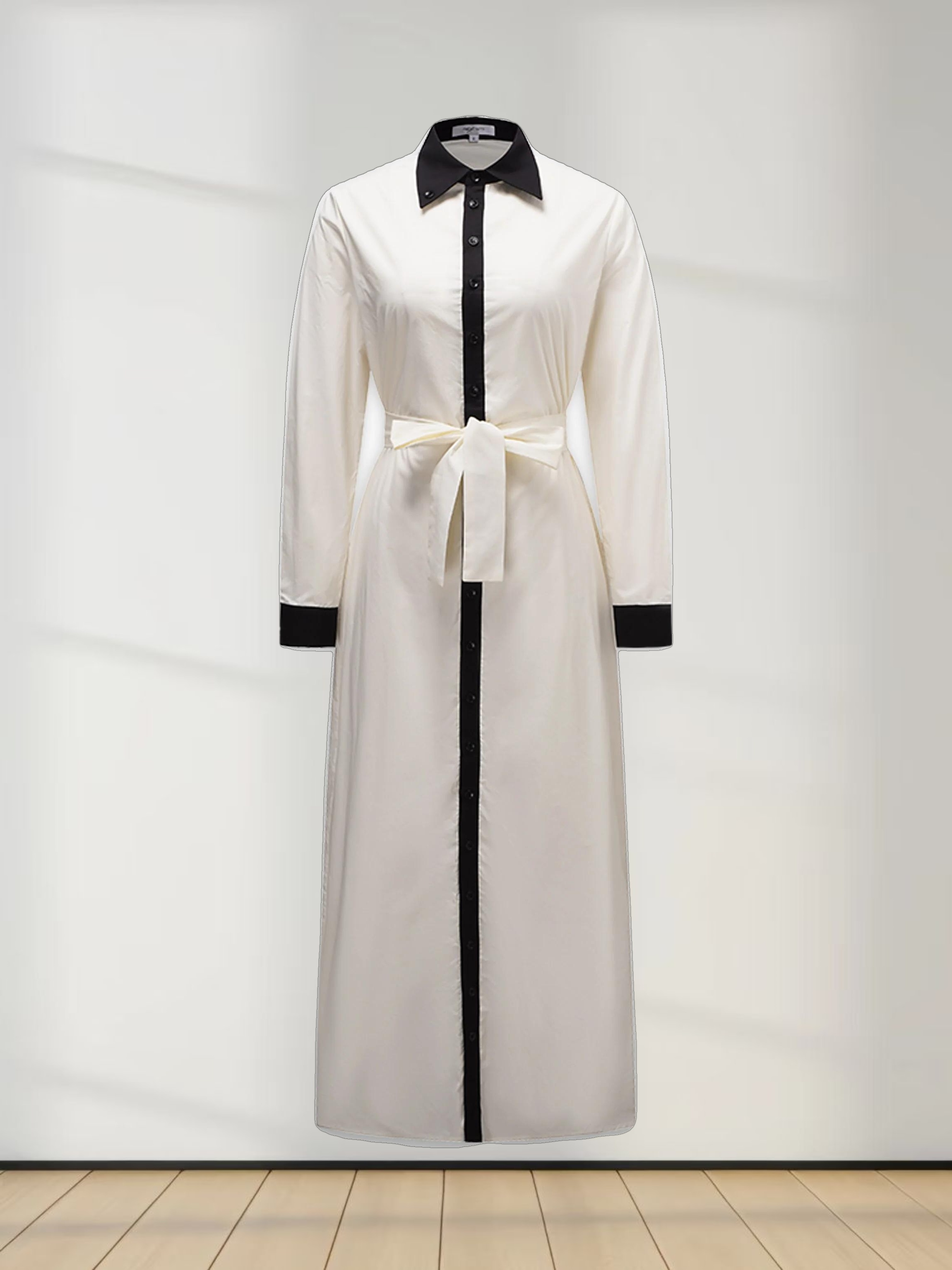 Long Button Down Shirtdress-Black Trimmed