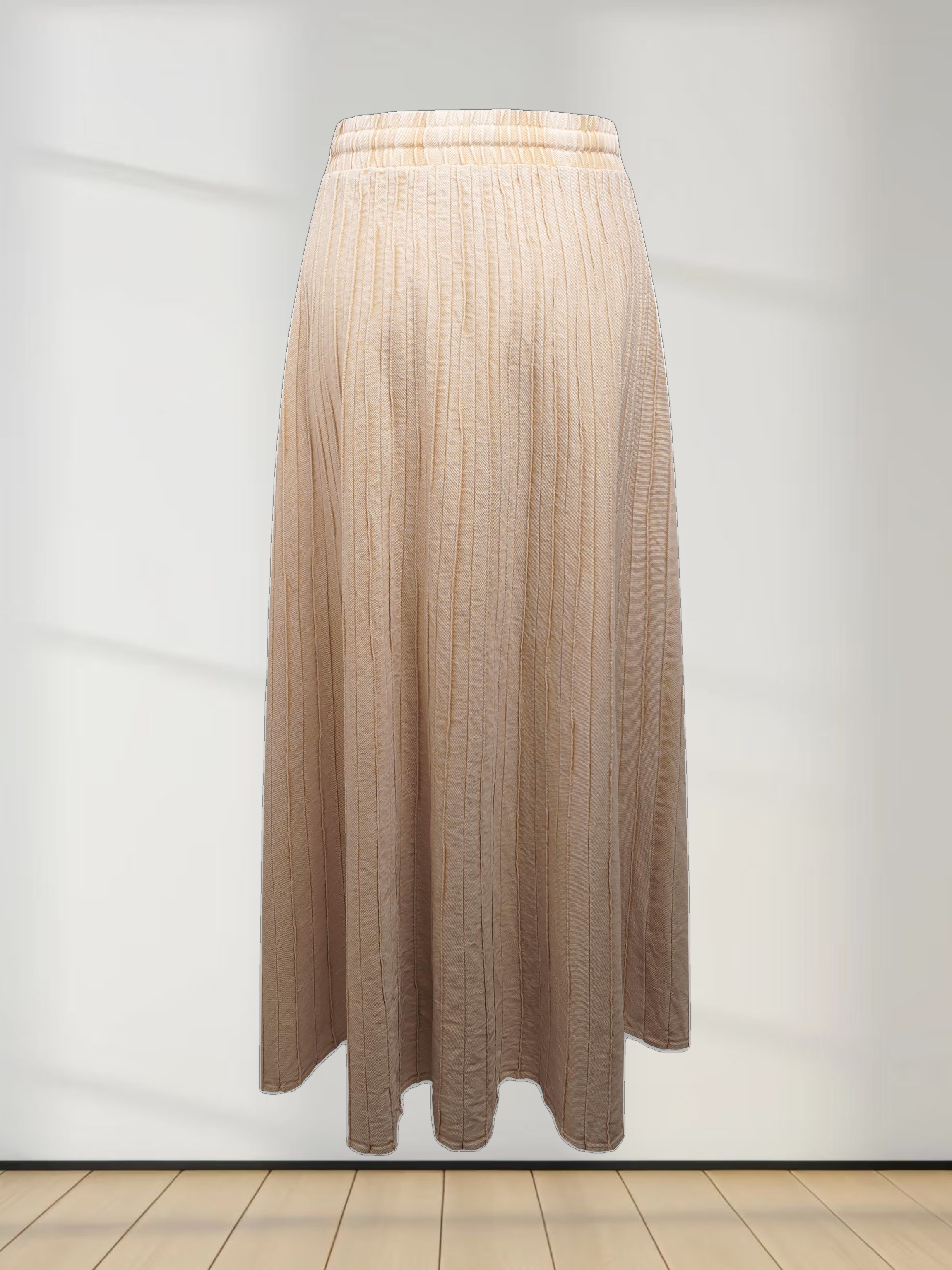 Stitched Micro Pleat Denim Skirt-Tan