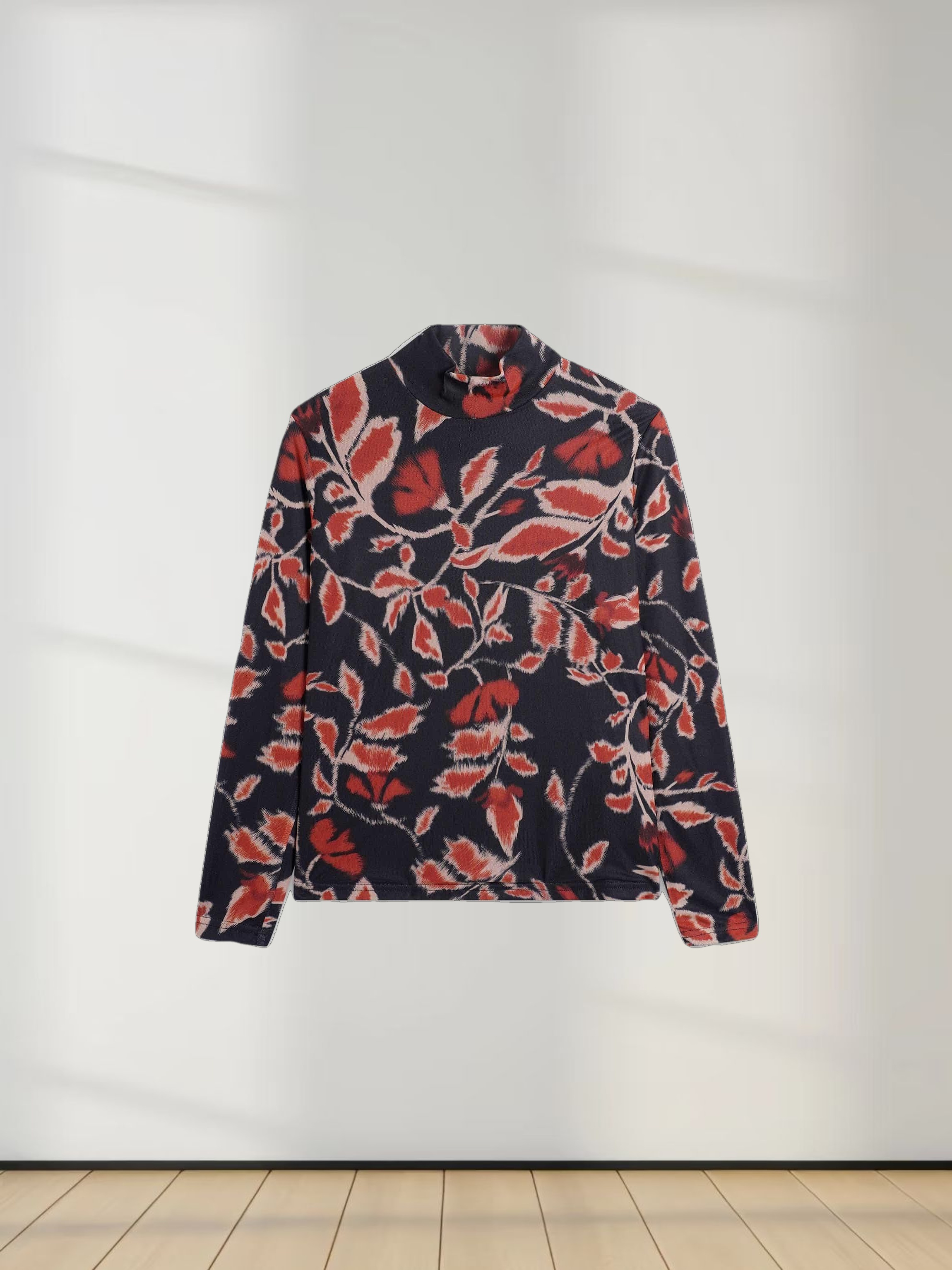 Printed Mesh Turtleneck-Marigold