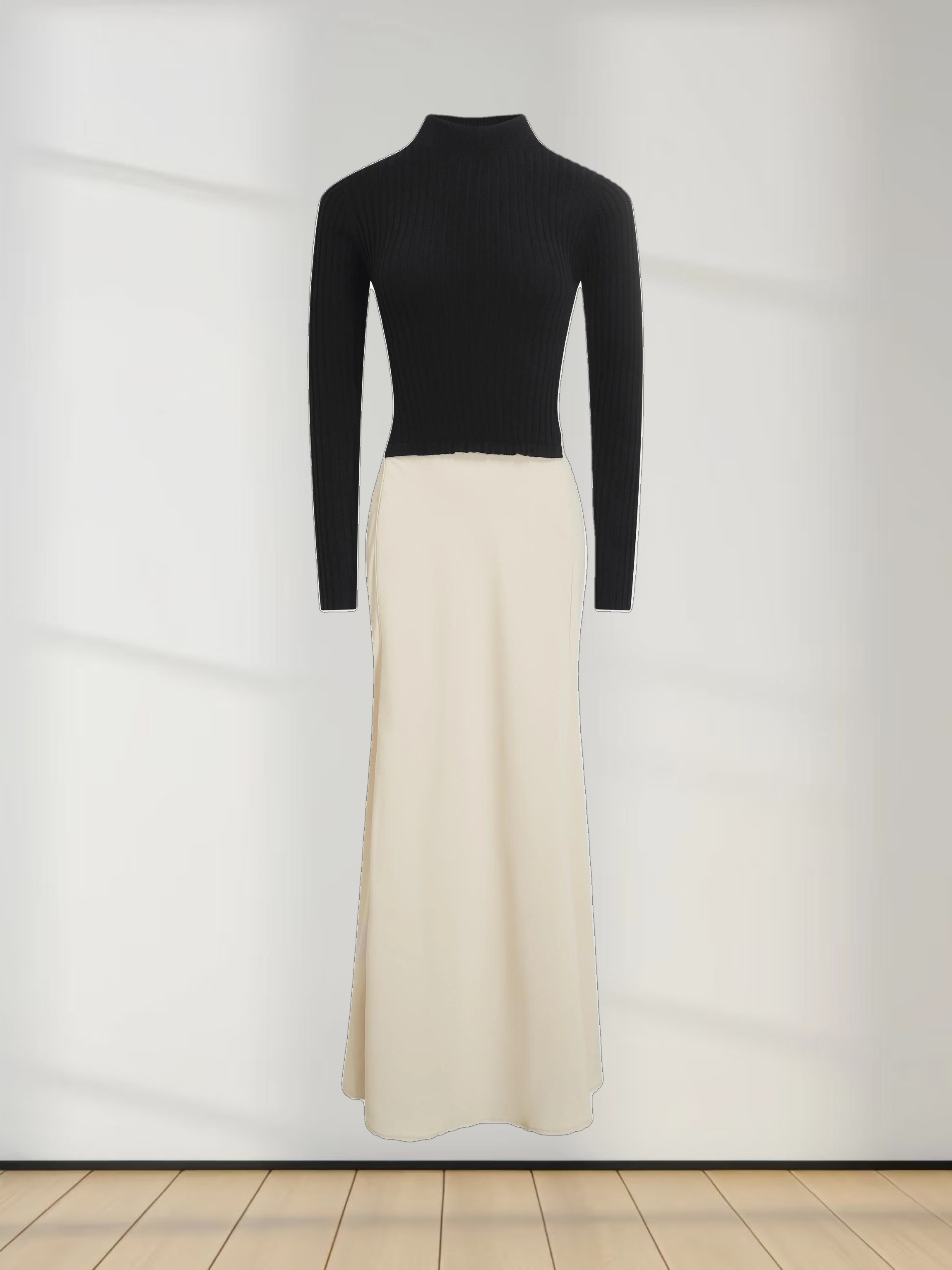 Crepe Bottom Dress-Black/Cream