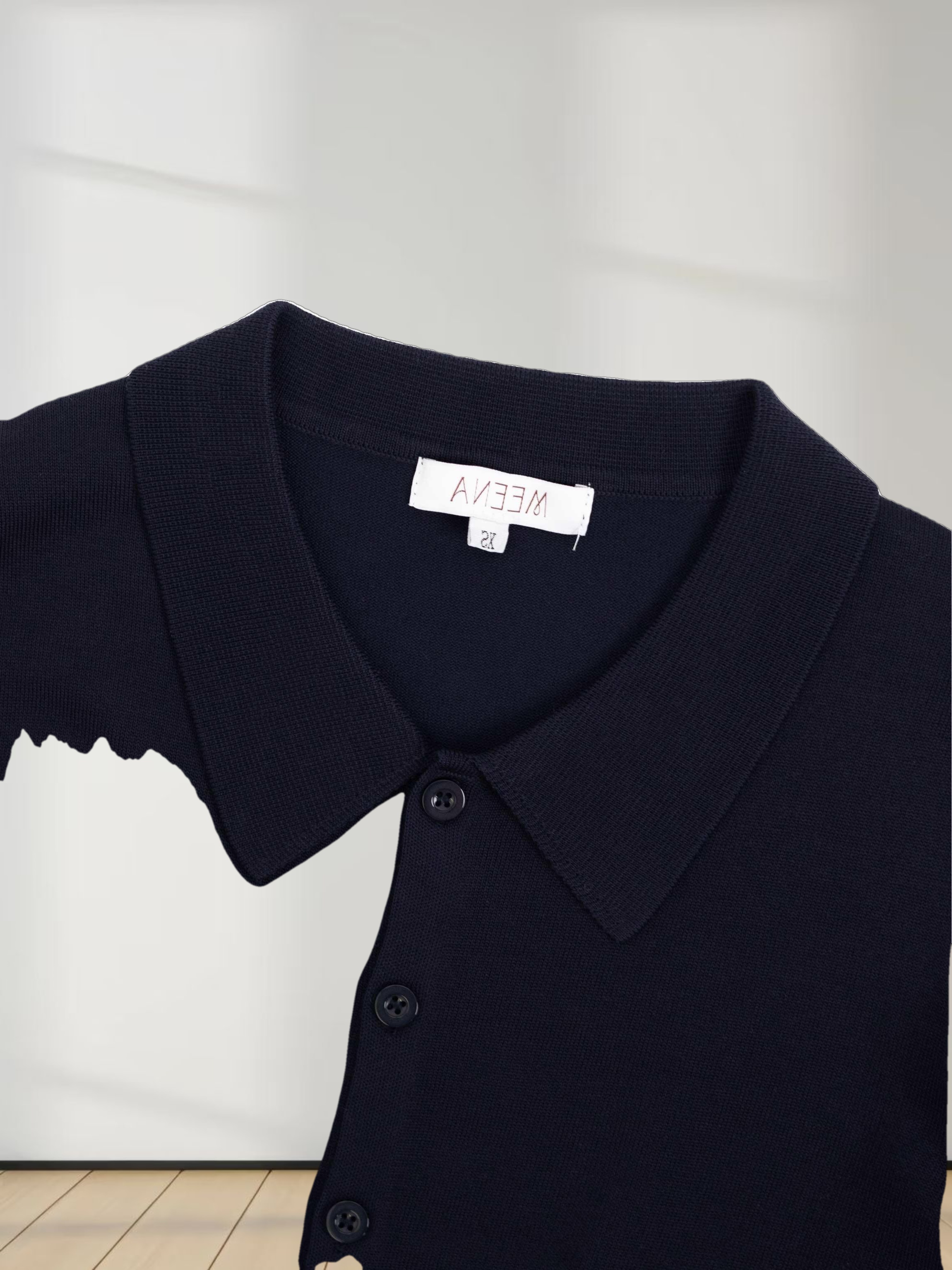 Wool Blend Collared Cardigan-Navy