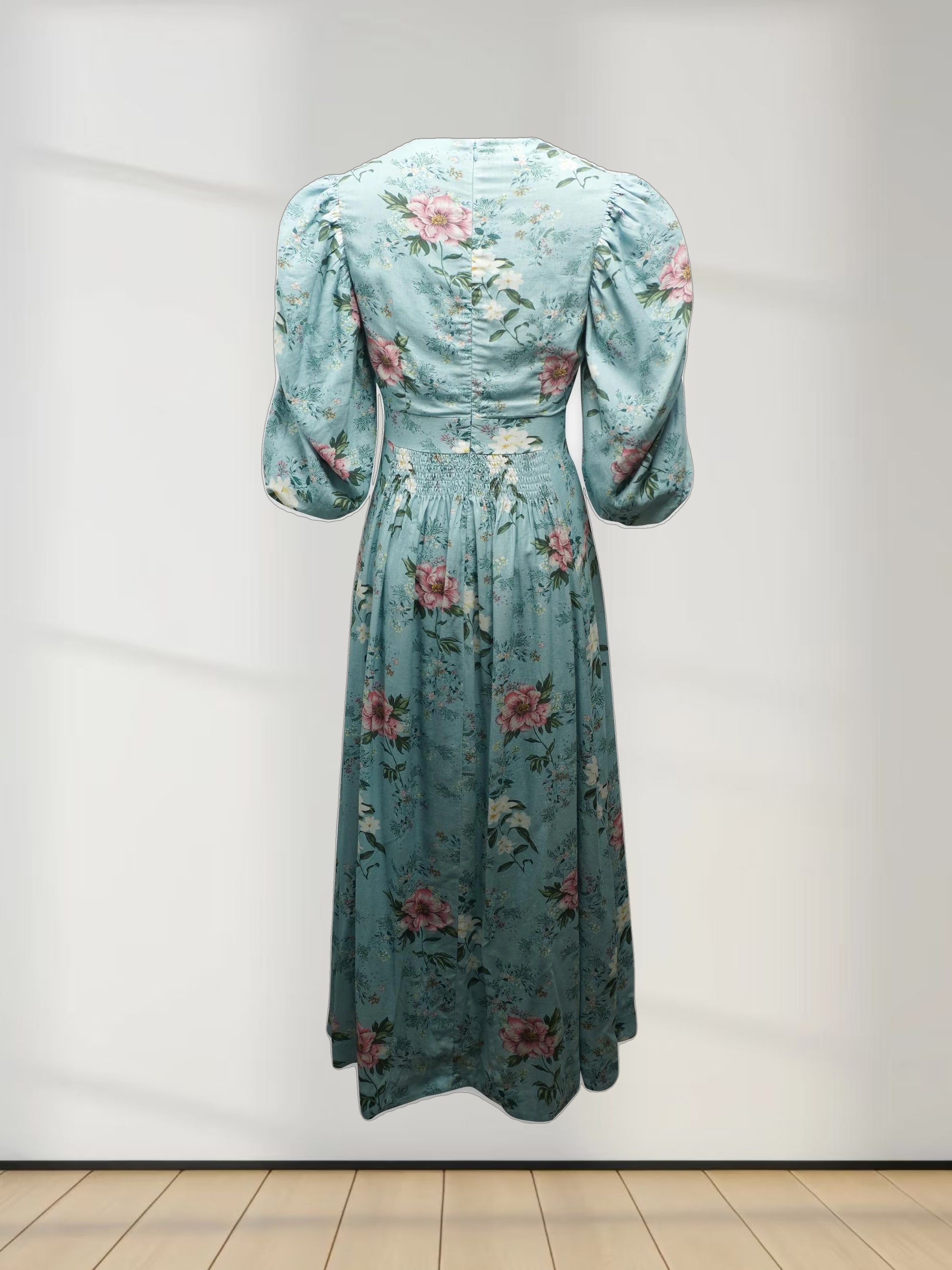 Ruched Puff Sleeve Dress-Aqua Floral