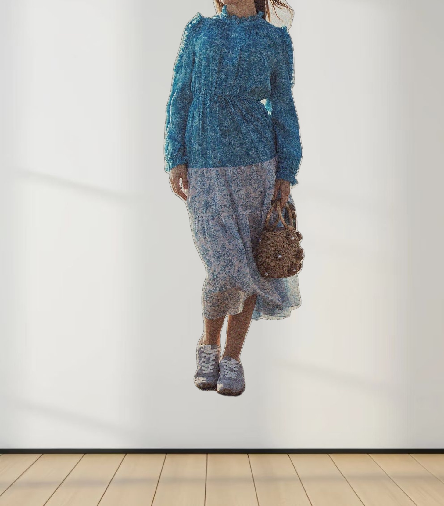 Ruffle Sleeve Two Tone Dress-Aqua Floral