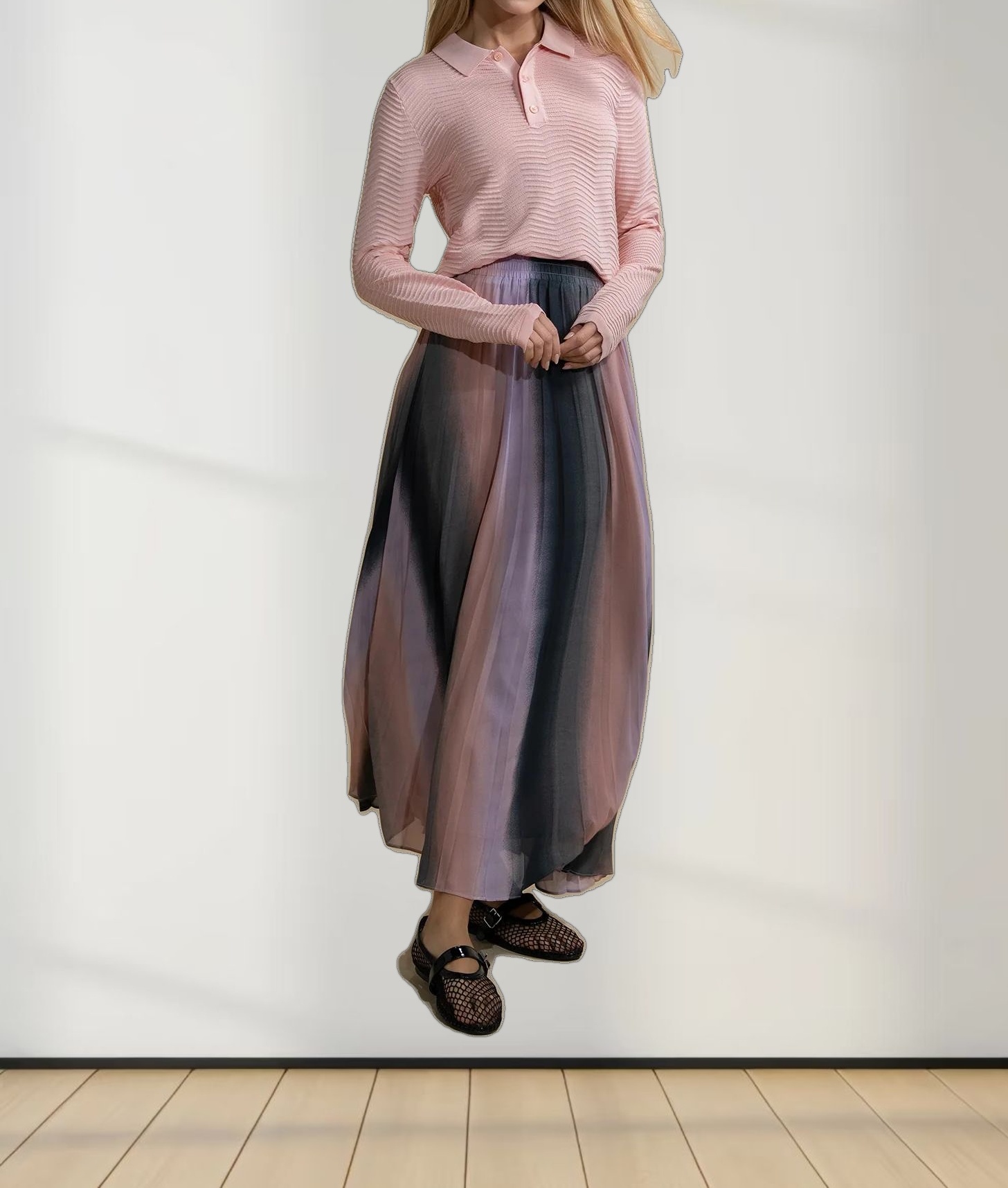 Covered Band Pleated Skirt-Pink Ombre