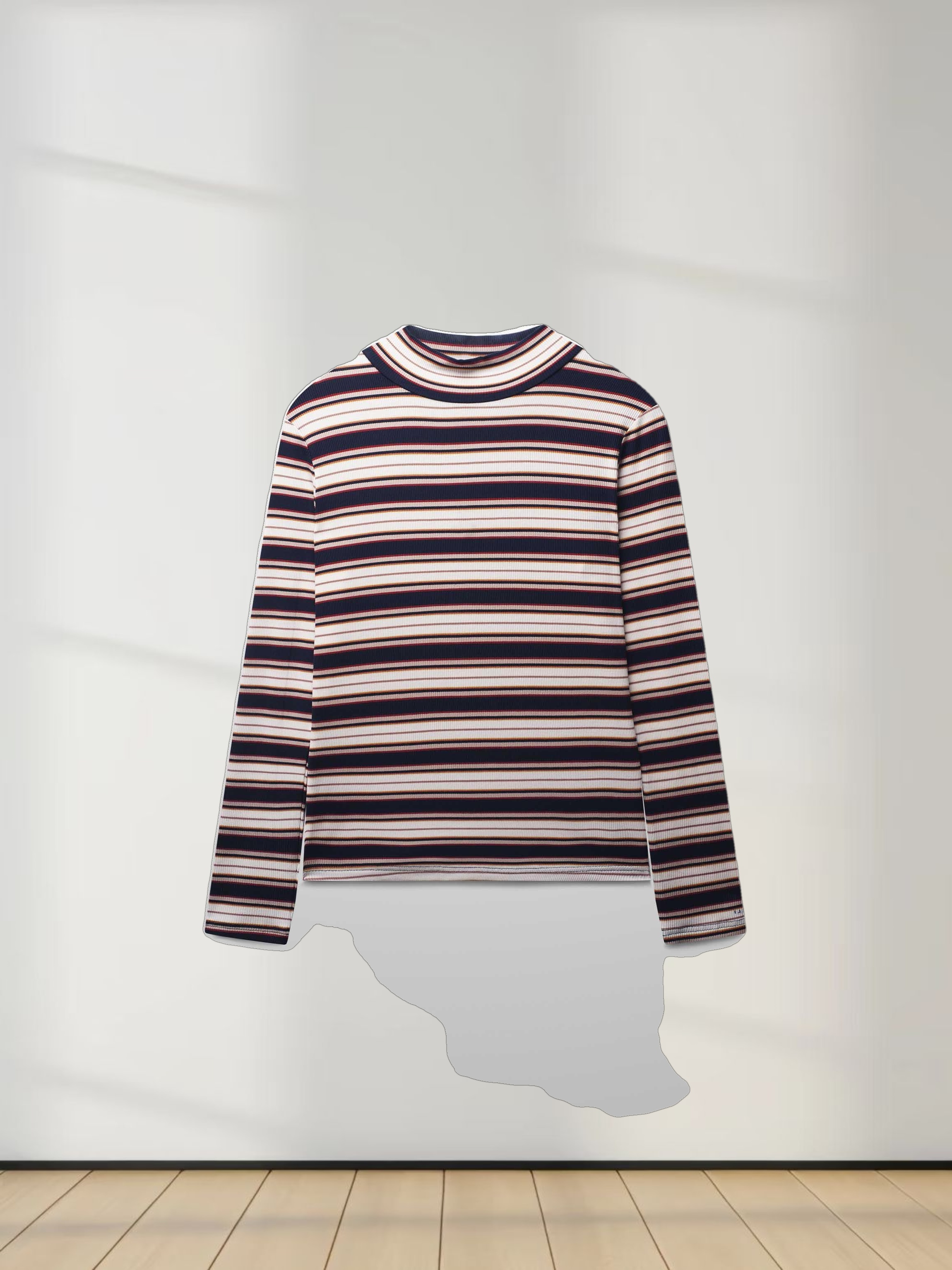 Striped Ribbed Turtleneck-Navy/Camel