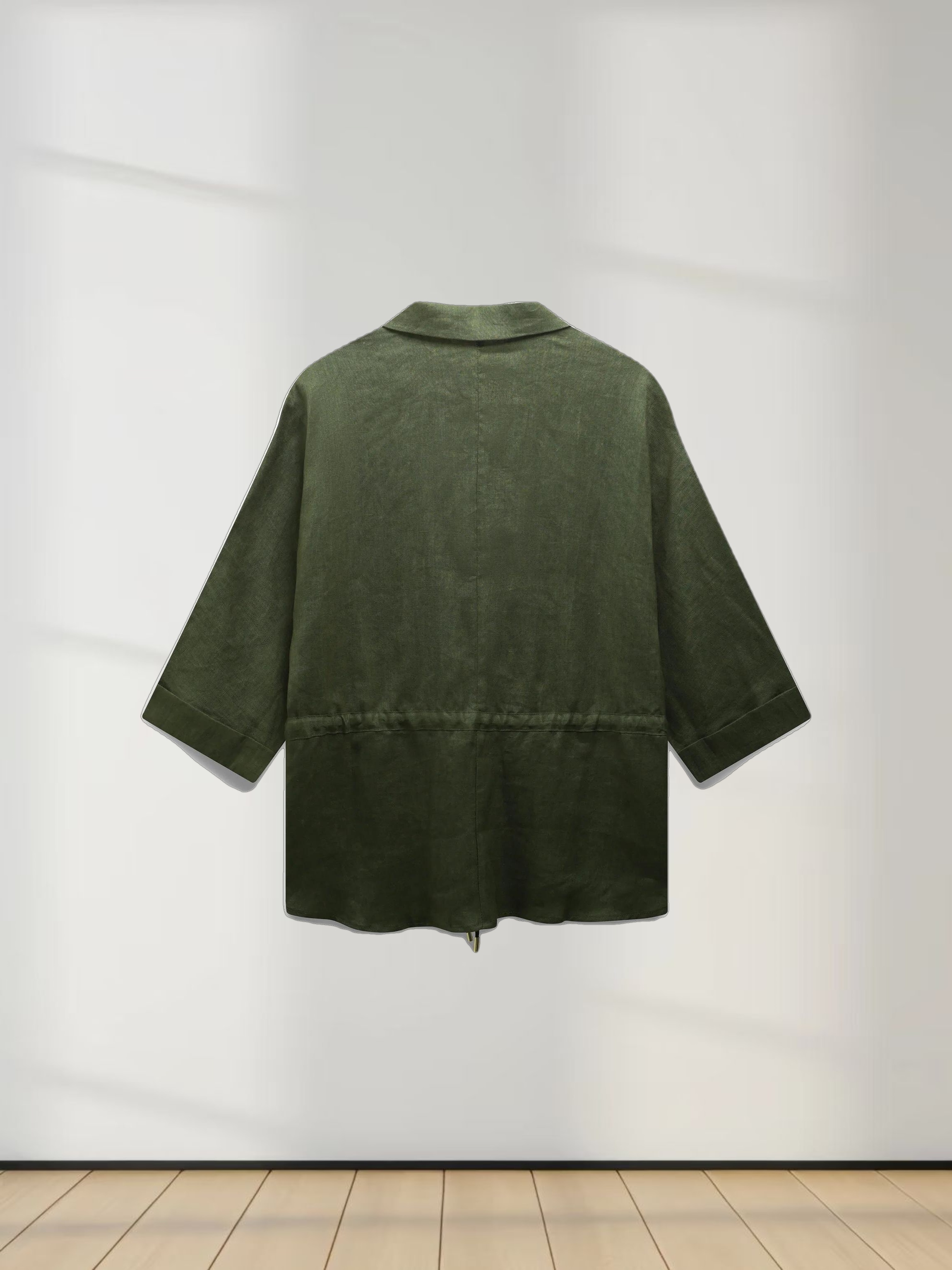 Drawstring Button Down Linen Top-Olive Green