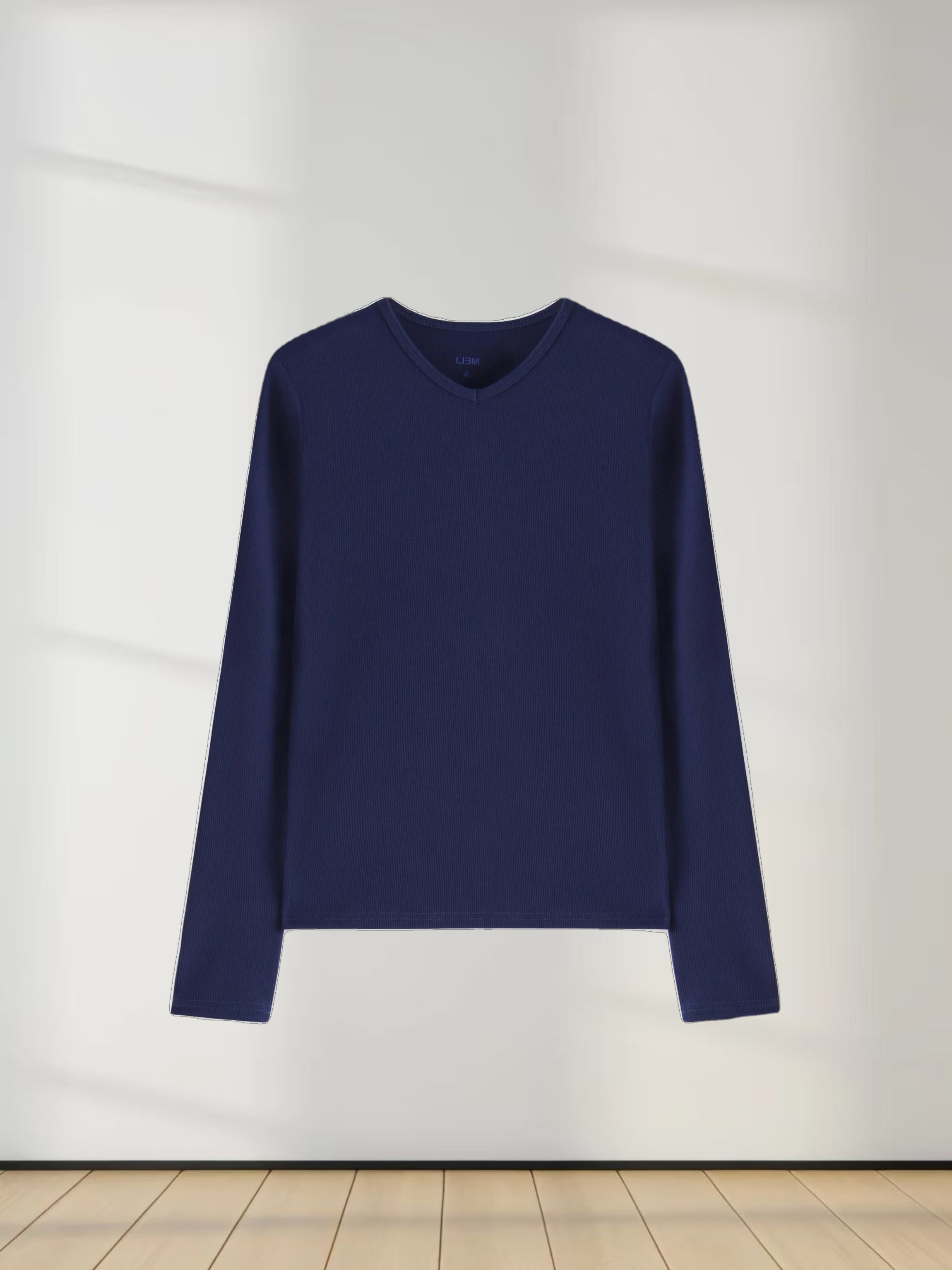 High V Ribbed Tee LS-Dark Navy