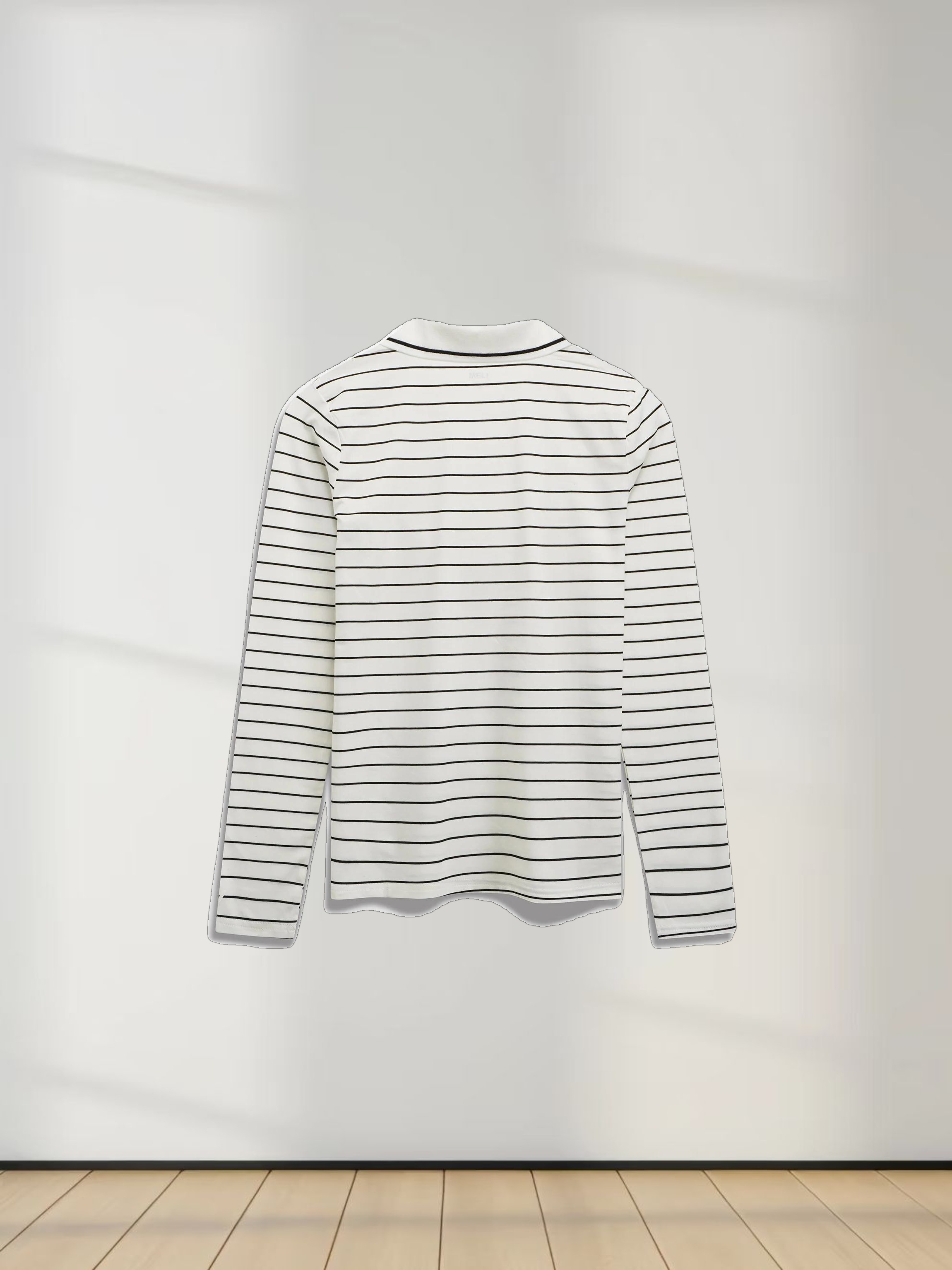 Striped Collar Snap Tee-Ivory/Black