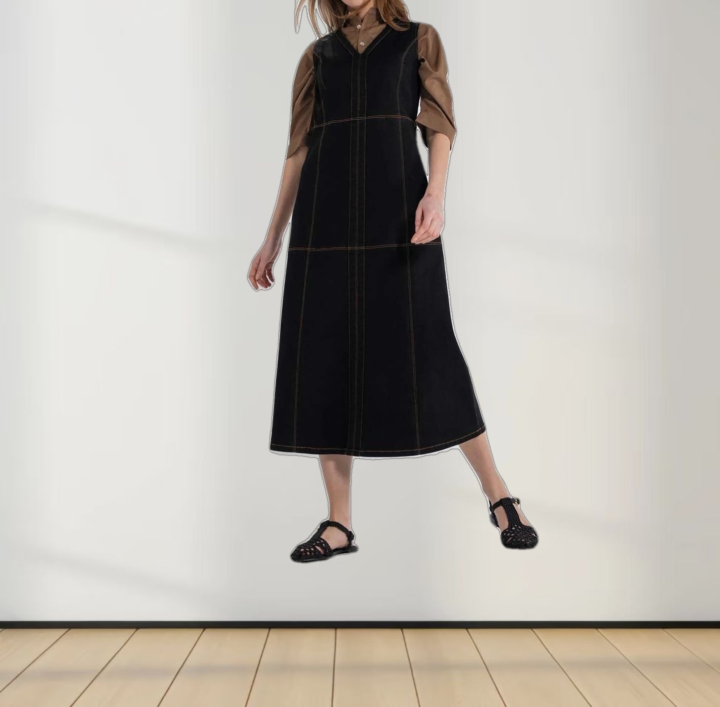 High Waisted V Neck Denim Jumper-Black