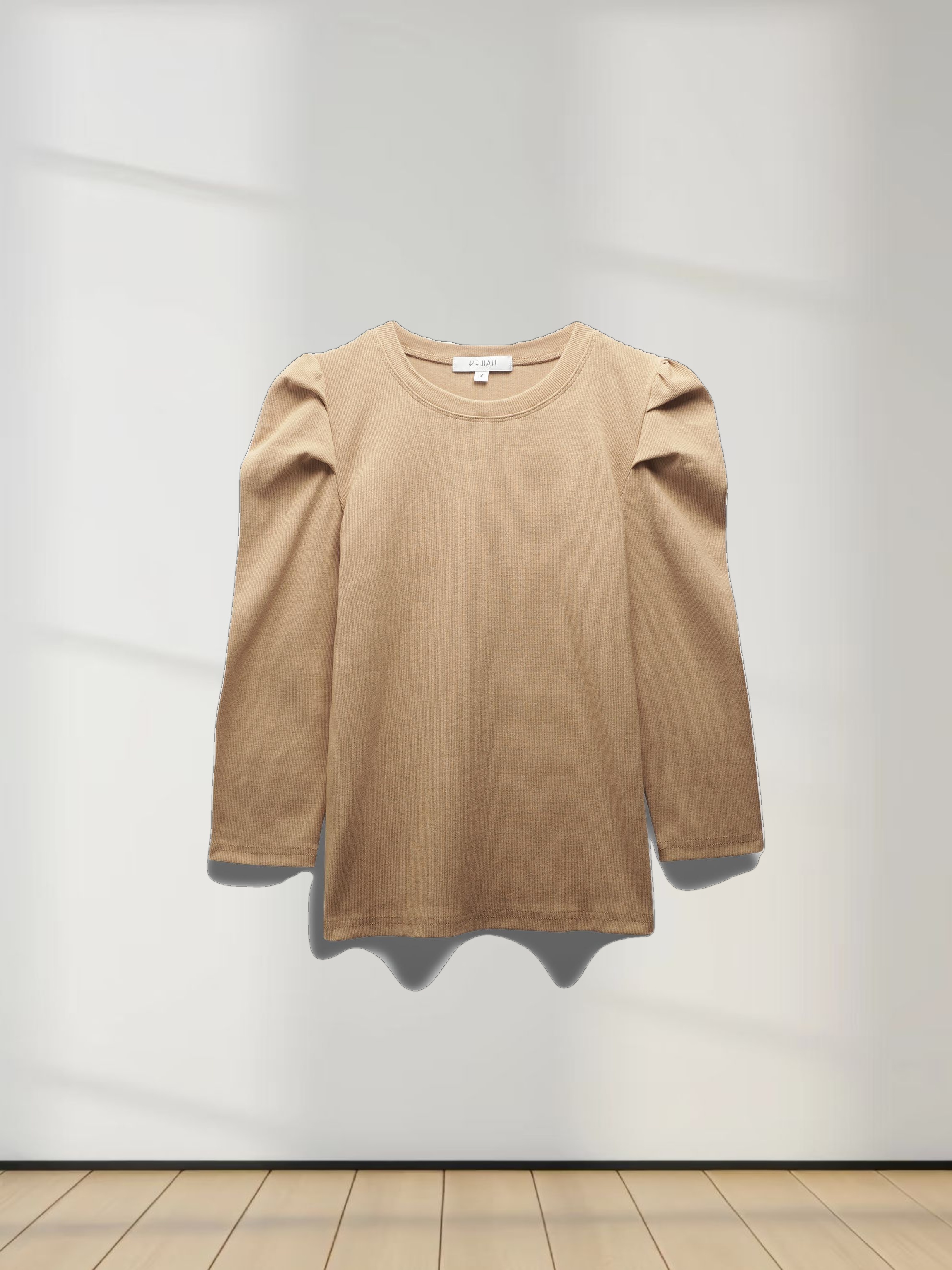 Ribbed Crew Neck Puff Sleeve Top-Tan