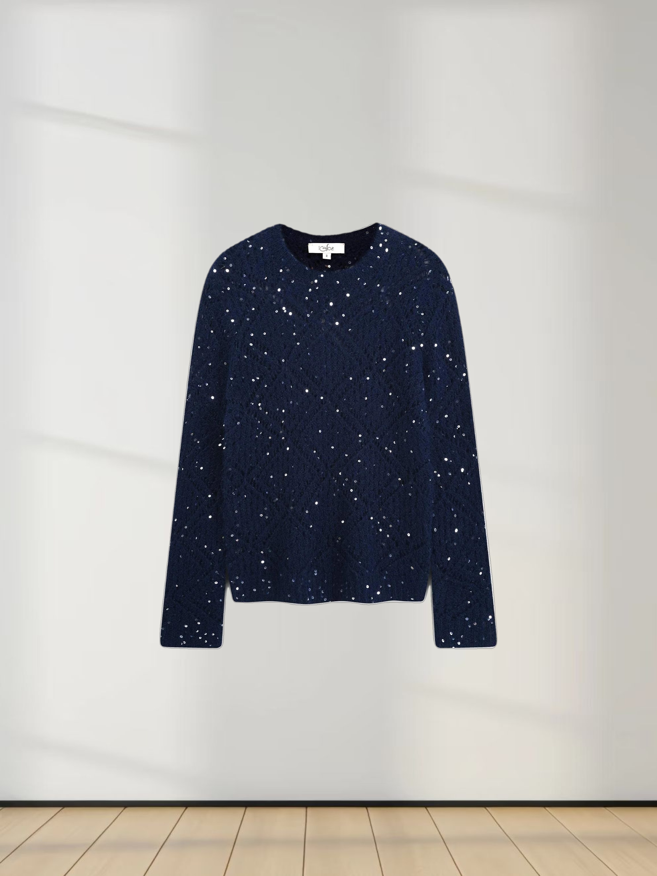 Open Crochet Knit Sequin Sweater-Navy